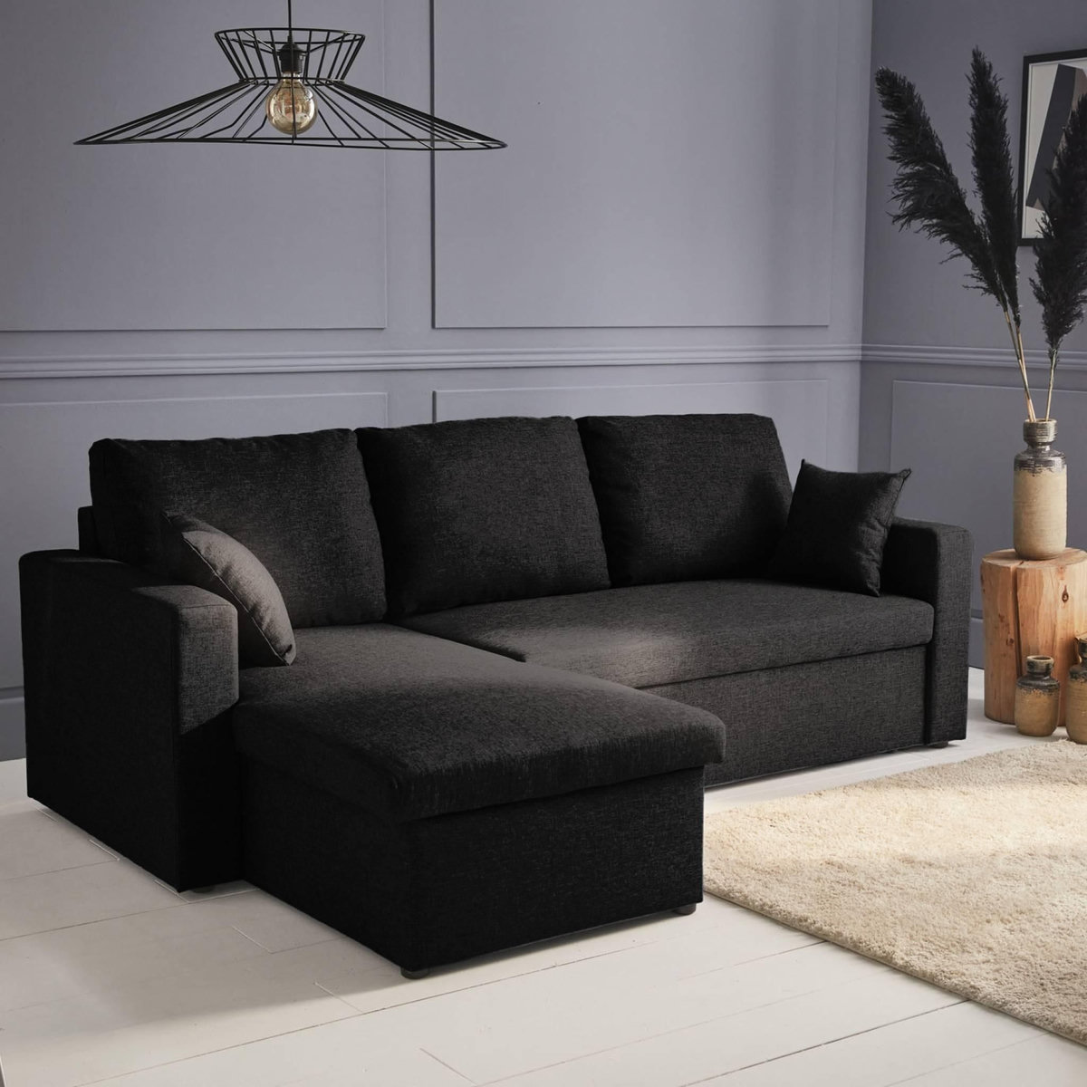 SWEEEK Canapé d'angle convertible en tissu noir - IDA - 3 places. fauteuil d'angle réversible coffre rangement lit modulable
