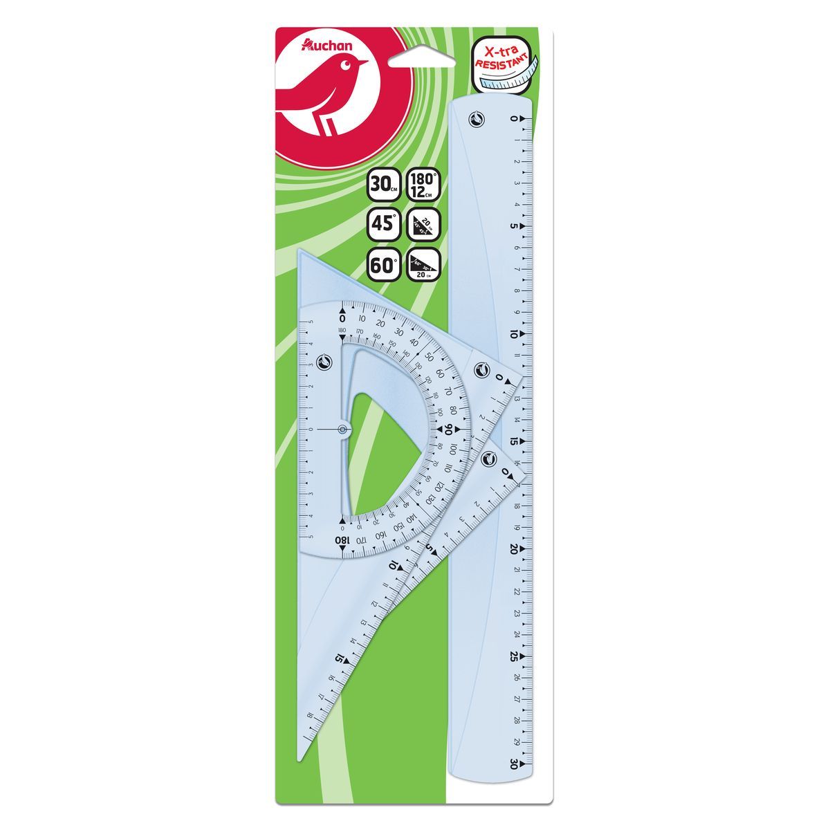 AUCHAN Kit de traçage 4 pièces régle + équerre + triangle + rapporteur incassable Bleu