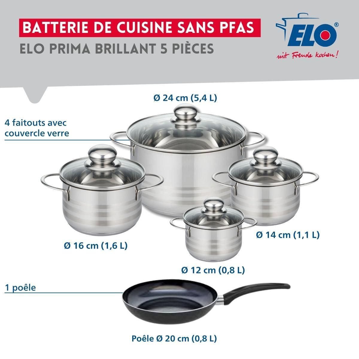ELO Ensemble de 1 Poêle de cuisson 20 cm et 4 faitouts 12, 14, 16 et 24 cm Elo Prima Brillant