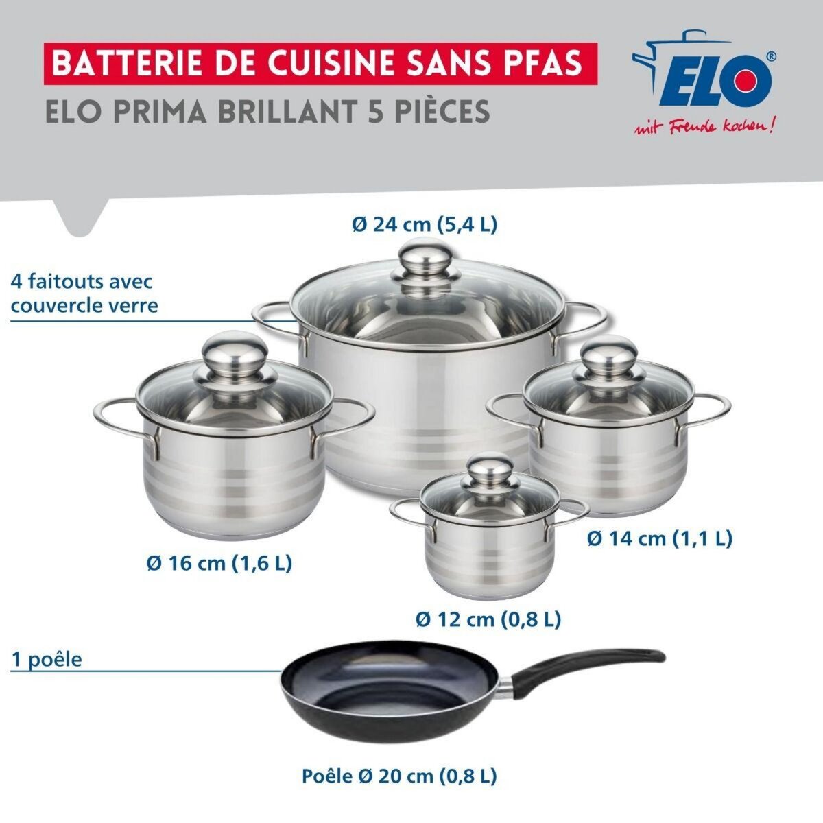 ELO Ensemble de 1 Poêle de cuisson 20 cm et 4 faitouts 12, 14, 16 et 24 cm Elo Prima Brillant