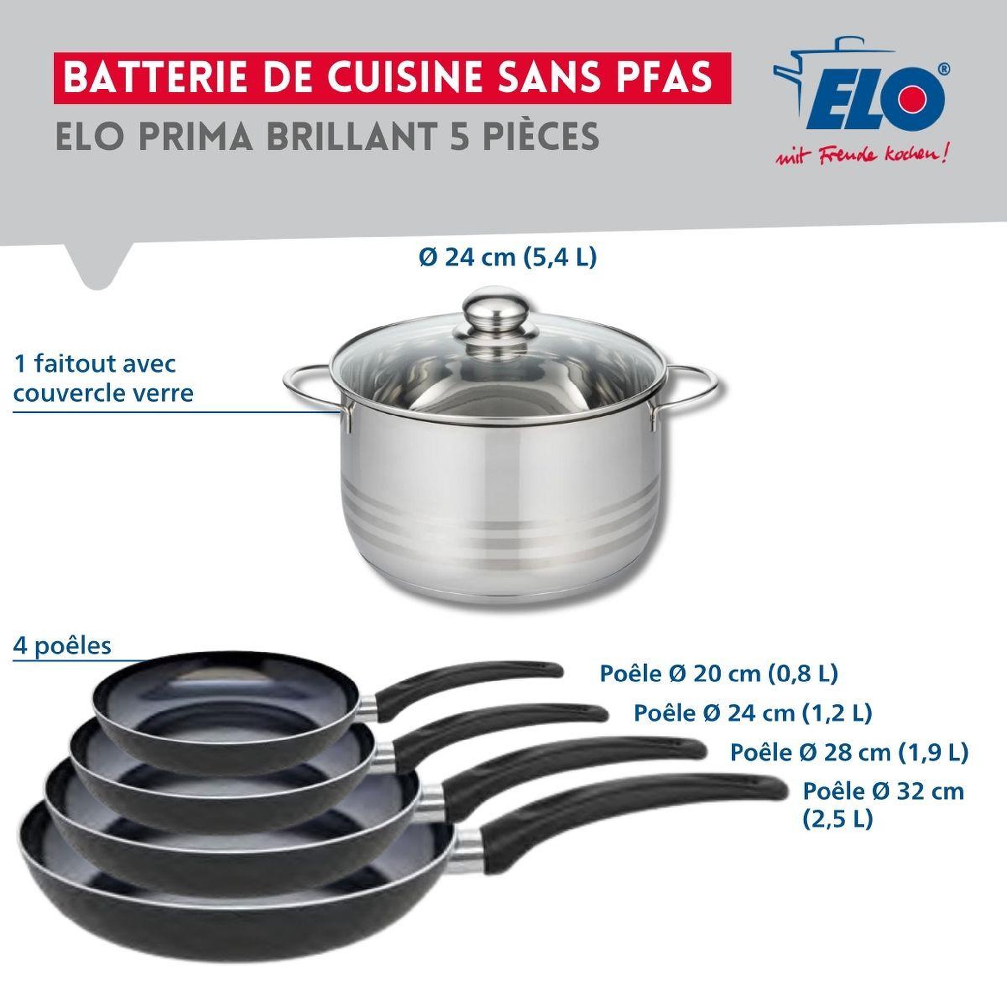 Voir la diapositive 2 : ELO Ensemble de 4 poêles de cuisson 20, 24, 28 et 32 cm et 1 faitout 24 cm elo prima brillant