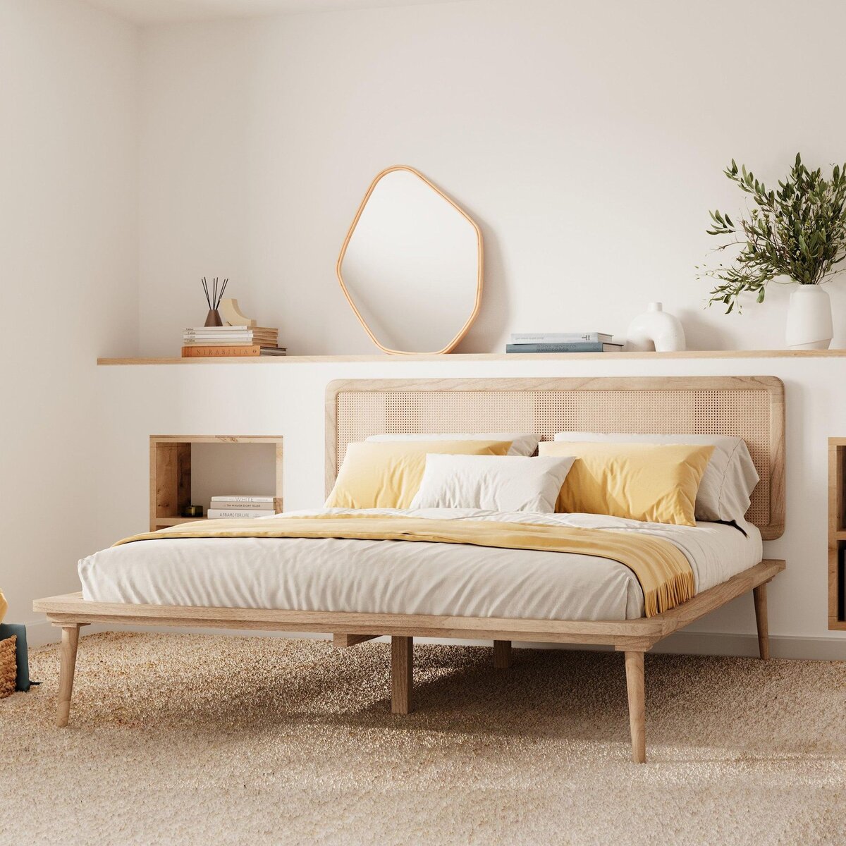 Rendez vous déco Lit double 140x190 cm en bois et cannage - Adik