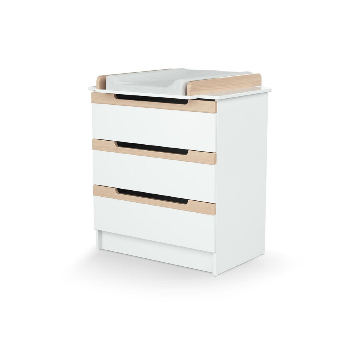 AT4 Commode à langer 3 tiroirs en bois CARROUSEL Blanc et Hêtre Verni