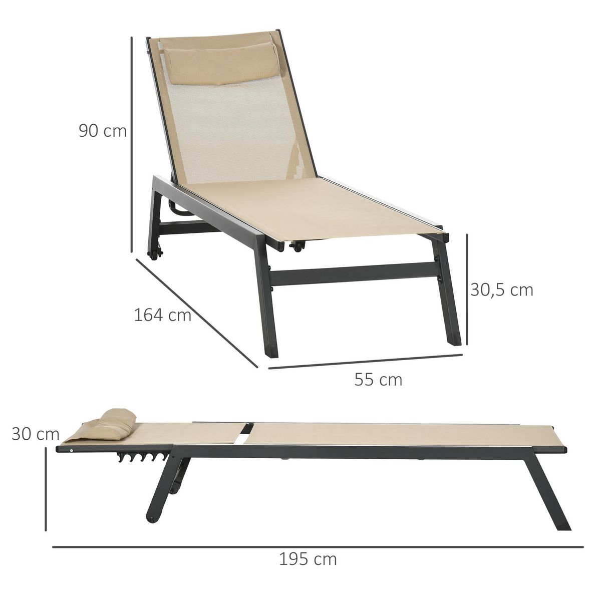 OUTSUNNY Bain de soleil transat inclinable 5 positions - tétière, 2 roulettes - alu. textilène kaki