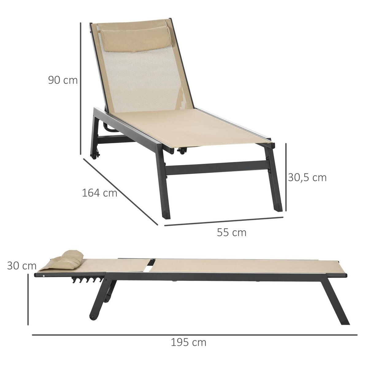 OUTSUNNY Bain de soleil transat inclinable 5 positions - tétière, 2 roulettes - alu. textilène kaki