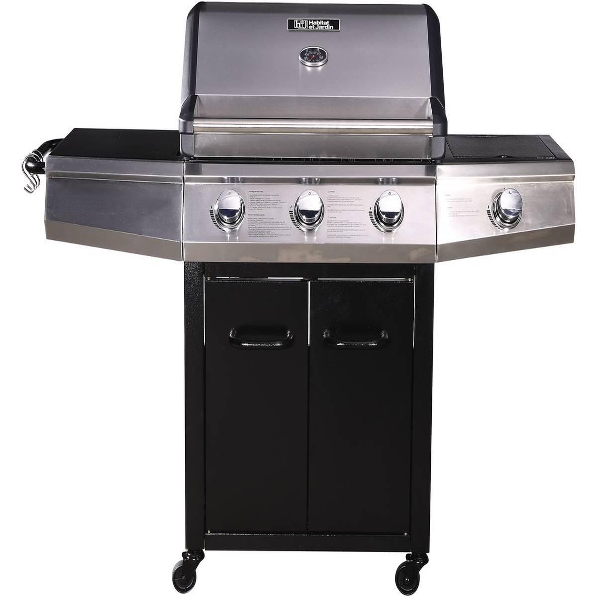 Voir la diapositive 2 : Habitat et Jardin Barbecue Gaz avec LED  Bingo 4  - 4 brûleurs dont 1 latéral - 14kW + Housse protection - Noir