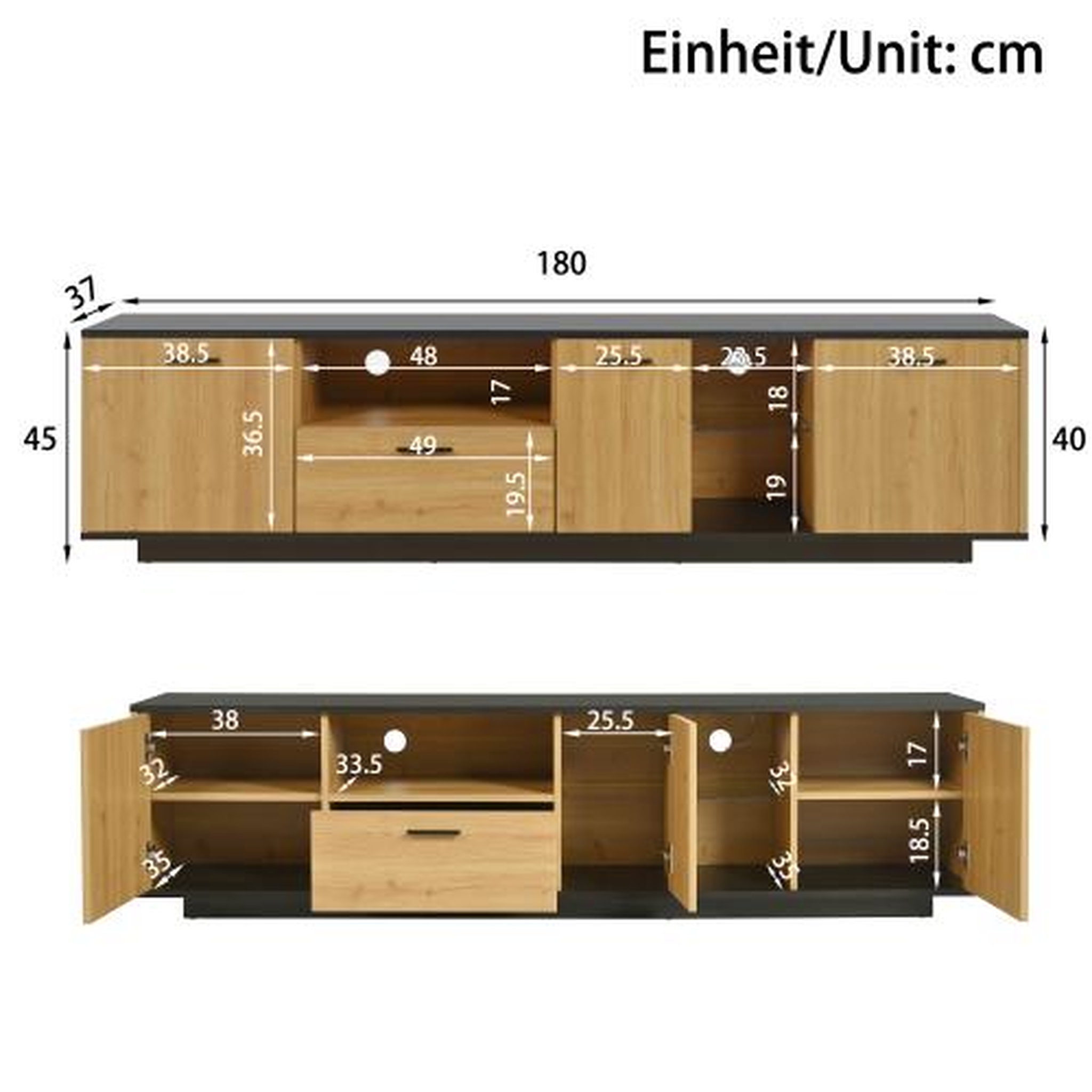 Voir la diapositive 3 : MERAX Meuble tv naturel+noir 180 cm led mdf