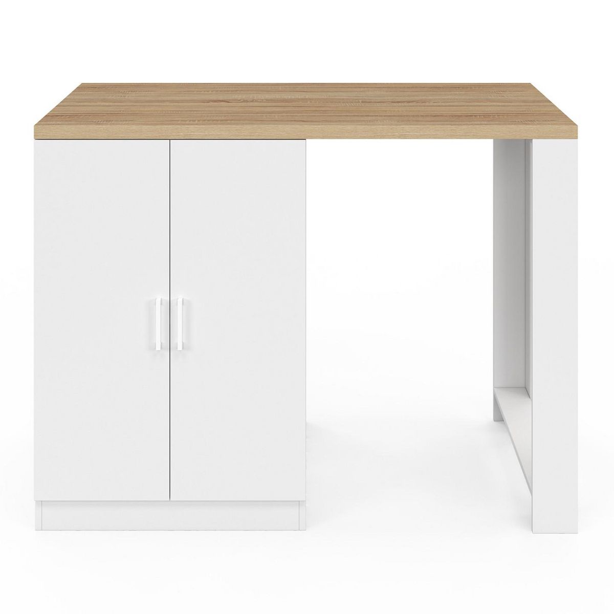 ID MARKET Ilot central LINO 120 cm 2 personnes bois blanc et plan de travail façon hêtre et portes vitrées