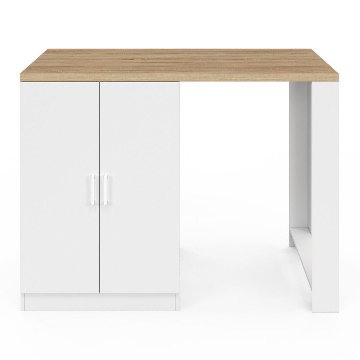 ID MARKET Ilot central LINO 120 cm 2 personnes bois blanc et plan de travail façon hêtre et portes vitrées