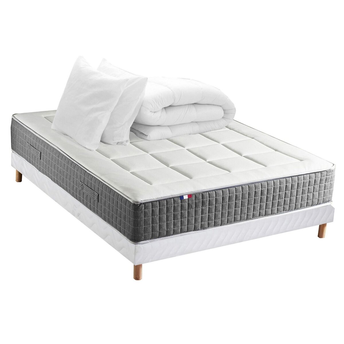 IDLITERIE Ensemble Matelas Ressort 7 zones H.28cm + Sommier + couette + oreillers Fabriqué en France MAX
