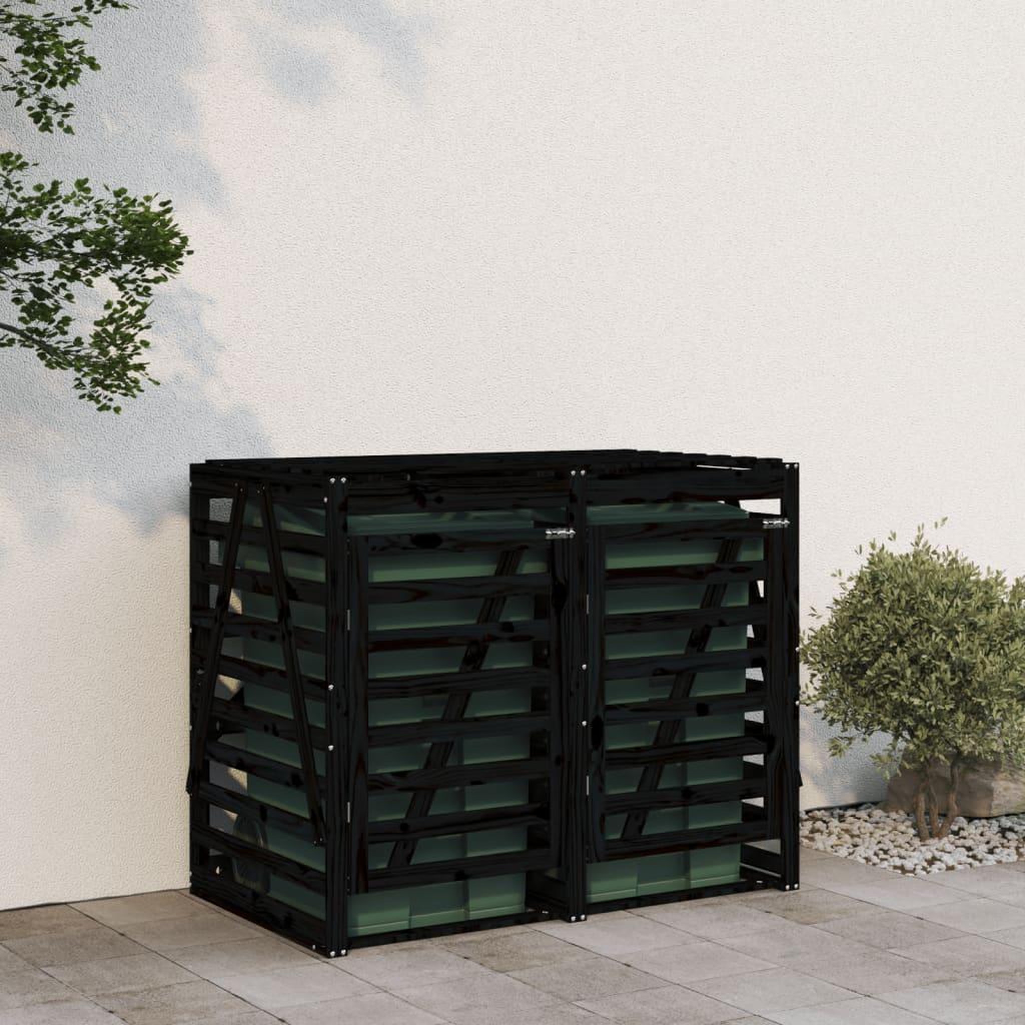 Voir la diapositive 3 : VIDAXL Abri pour poubelle double sur roulettes noir bois massif de pin