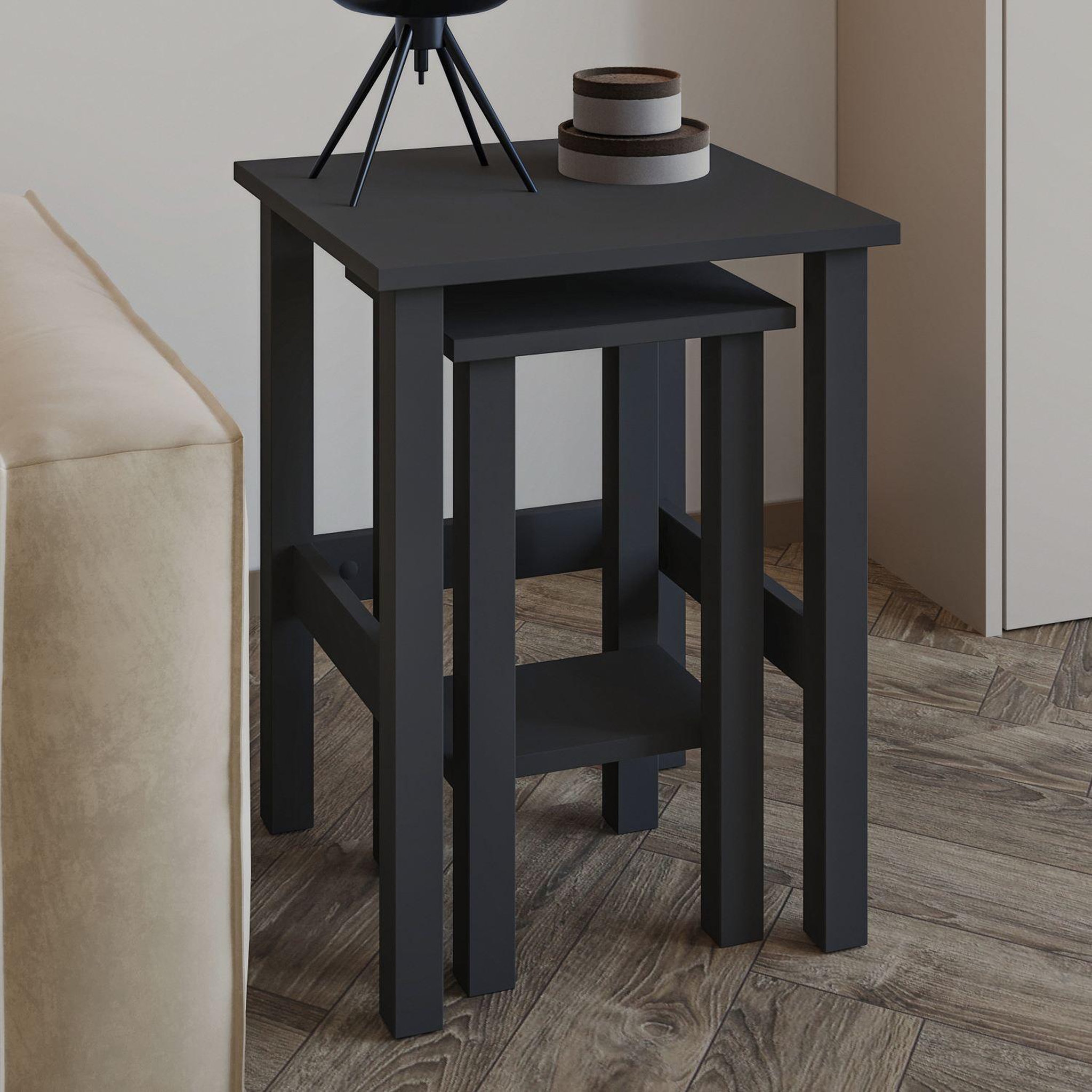 Voir la diapositive 2 : Habitat et Jardin Lot de 2 tables d'appoint en bois  gina 2  - 45 x 45 x 60 cm - gris anthracite