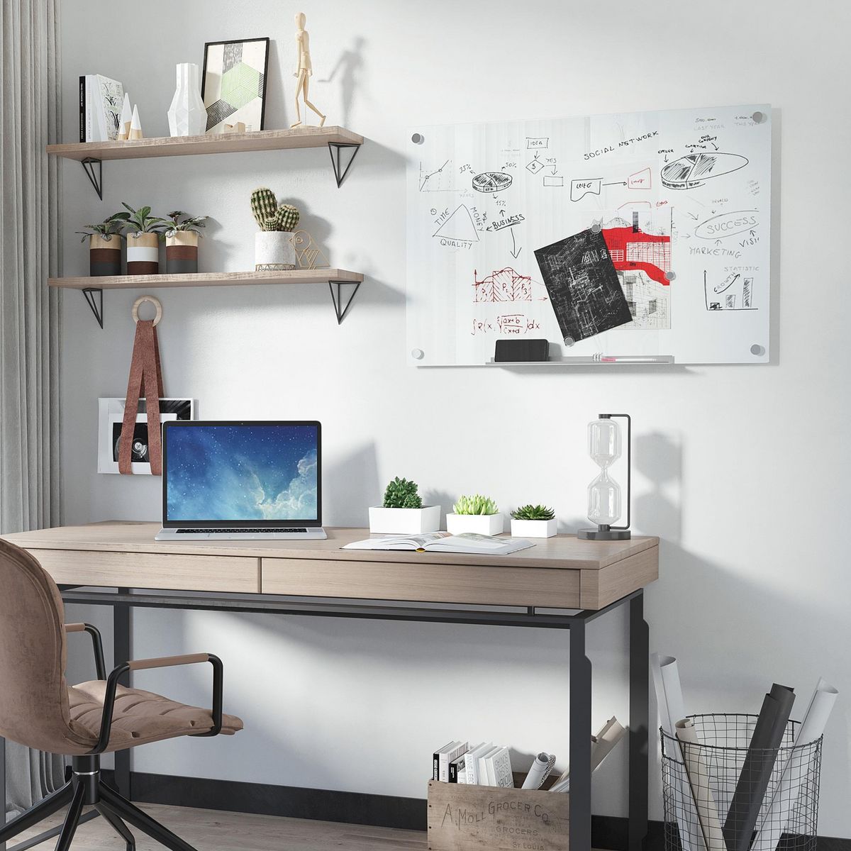 VINSETTO Tableau magnétique en verre dim. 90L x 60l cm - gouttière alu, matériel de fixation et accessoires inclus - blanc mat