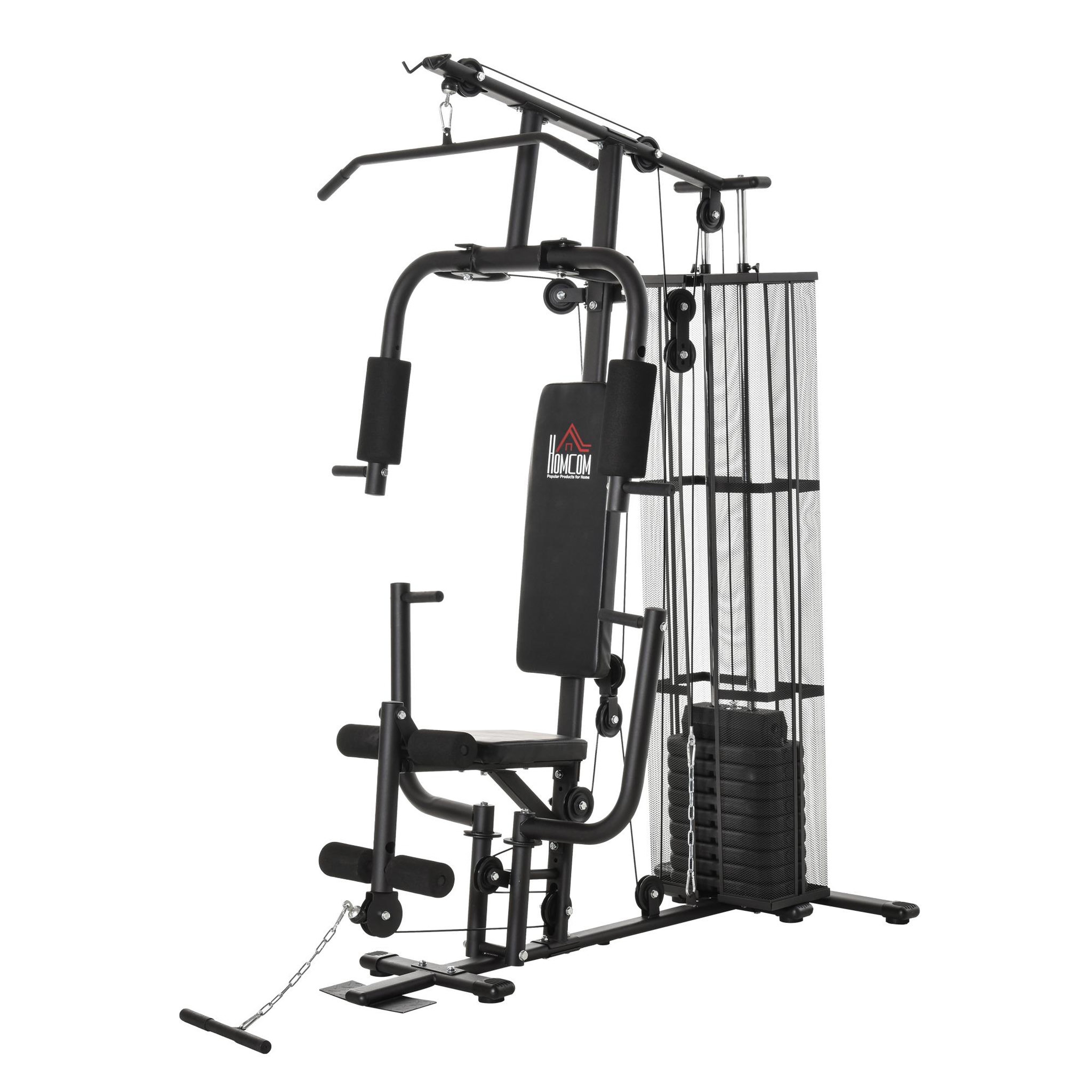 Voir la diapositive 1 : HOMCOM Station de musculation - entrainement complet - développé couché, butterfly, barre latissimus, curler, bande résistance - 10 contrepoids - acier noir