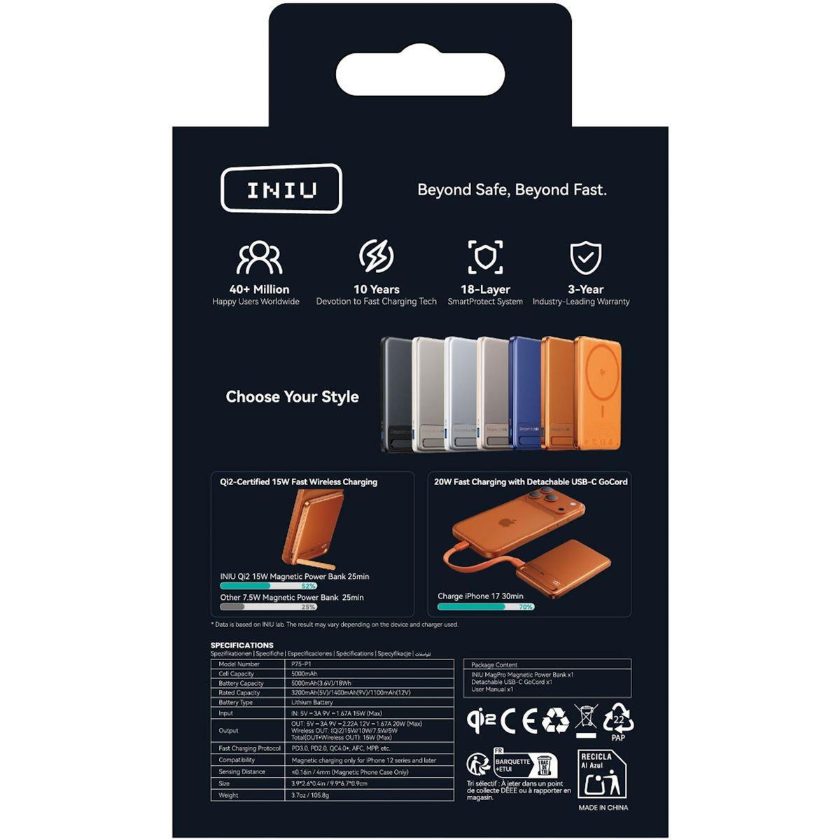 INIU Batterie externe 5000 mAh Magnet Qi2 MagPro slim orange