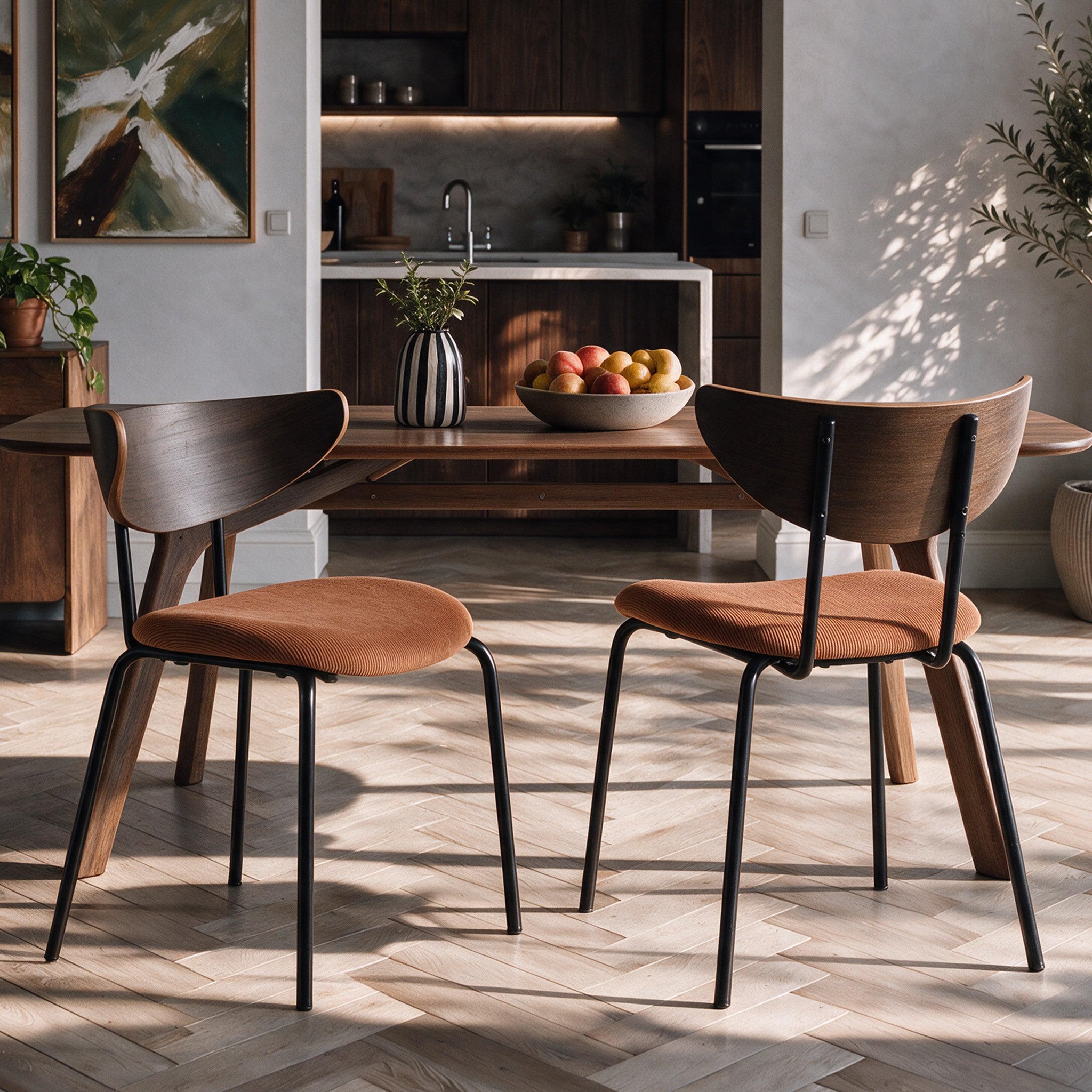 Voir la diapositive 2 : MAISON PAVANE Lot de 2 chaises en velours côtelé terracotta et dossier en bois-jade