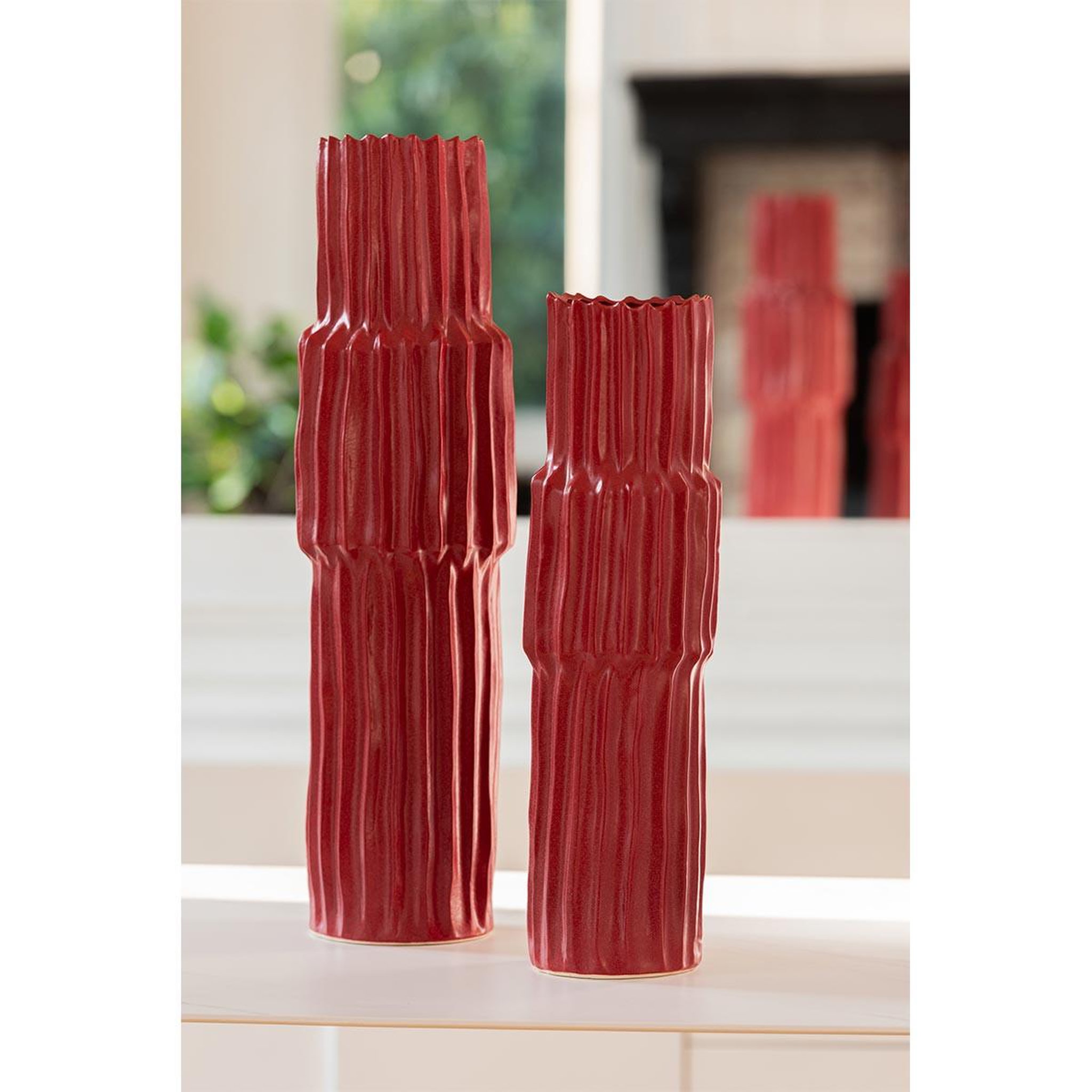 Voir la diapositive 3 : J-LINE Vase Déco en Argile  Ondule  60cm Rouge