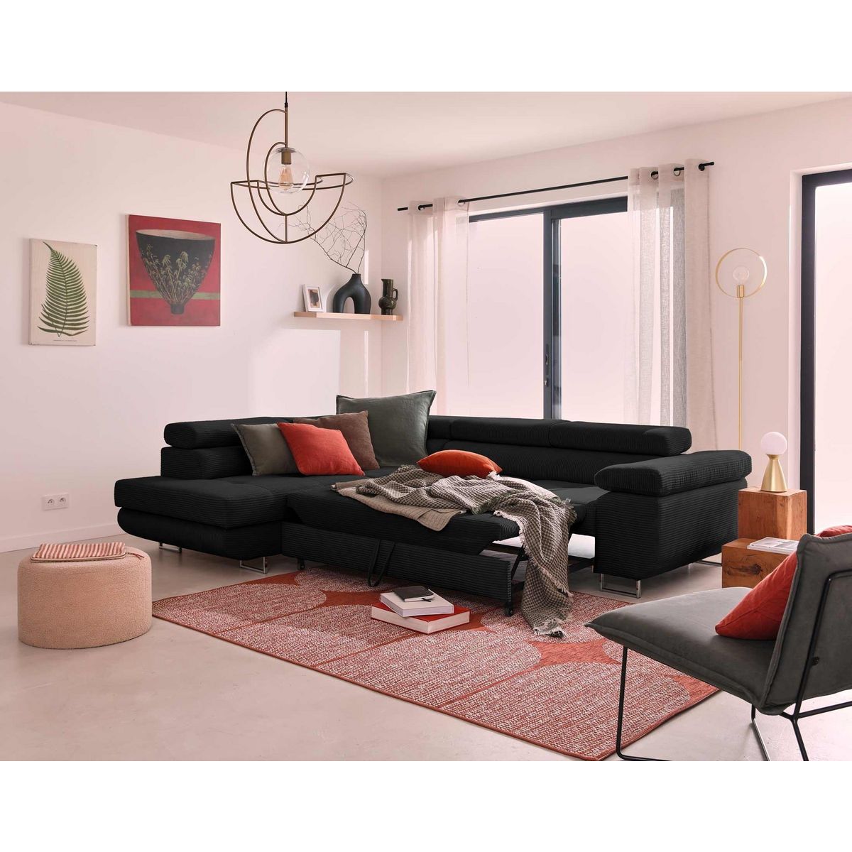 BEST MOBILIER Zaria - canapé d'angle gauche - convertible avec coffre et têtières réglables - 5 places - en velours côtelé