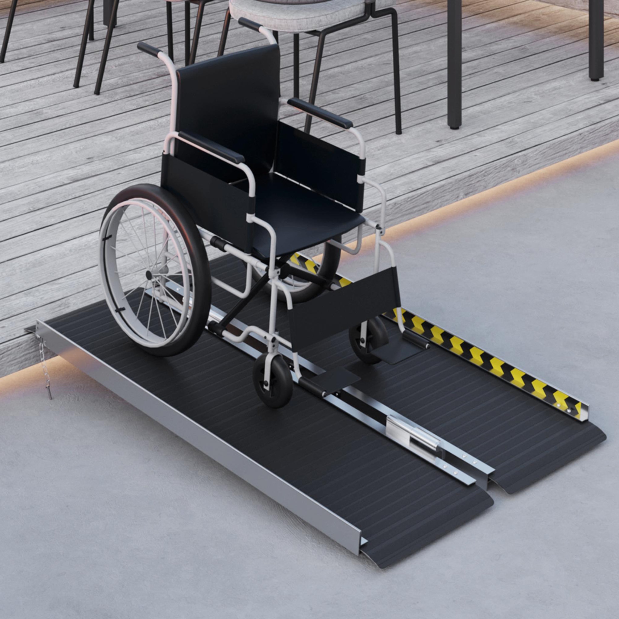 Voir la diapositive 4 : HOMCOM Rampe de fauteuil roulant rampe de chargement rampe d'accès antidérapante pliable avec bordures de sécurité max. 272 kg dim. 122l x 73l cm alu. Noir