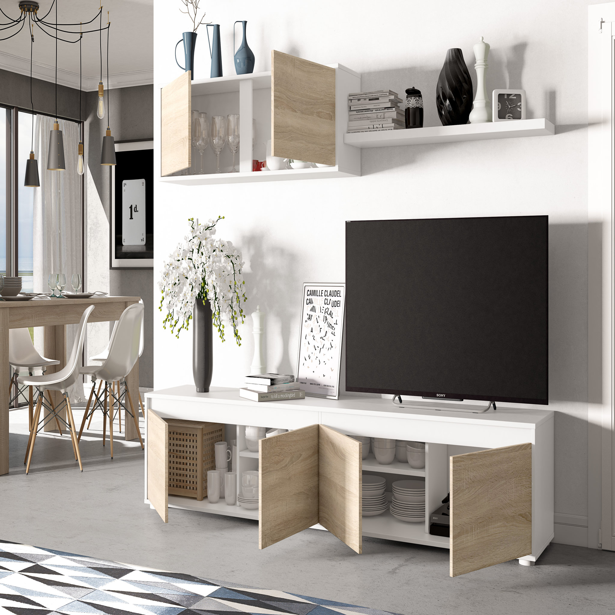 Voir la diapositive 3 : Meuble TV 4 portes avec étagère murale L200cm YOPAL