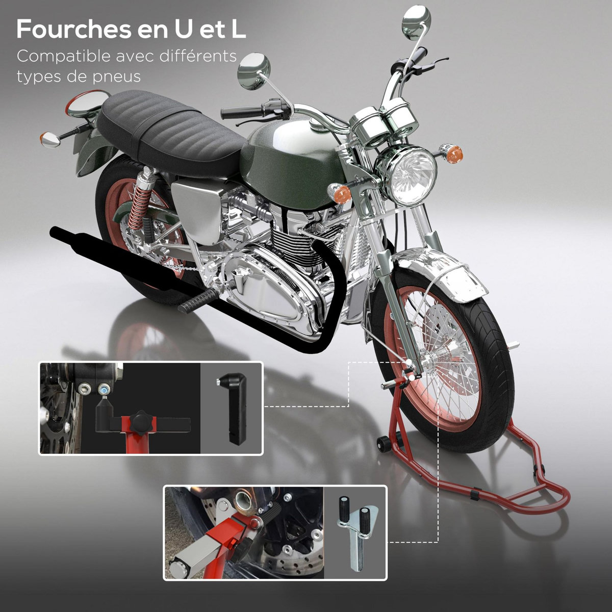 HOMCOM Béquille d'atelier moto avant leve moto support pour moto avec bras oscillant en U et en L, support universel de levage pour atelier en acier rouge