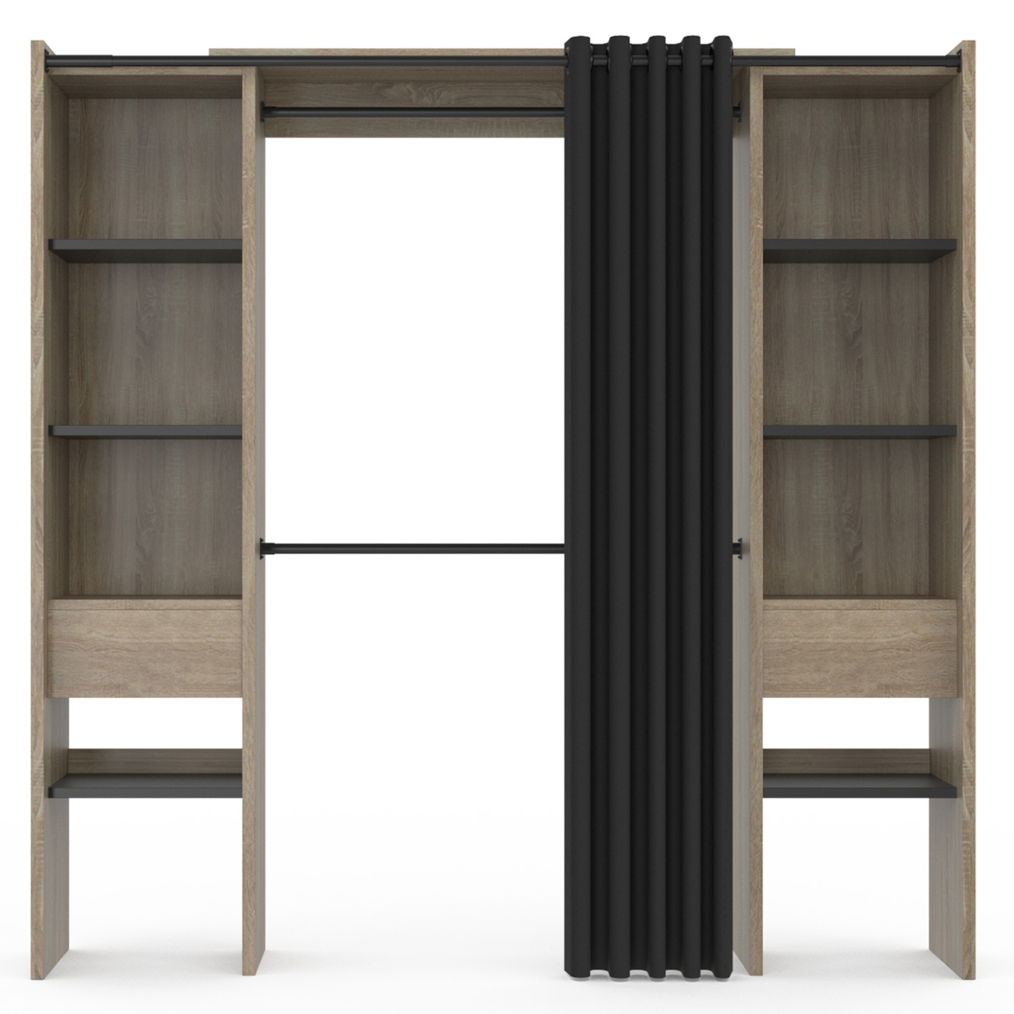 Voir la diapositive 3 : ID MARKET Dressing extensible double meryl 120/180 x 50 x 180 cm hêtre avec étagères hêtre + double penderie + rideau noir