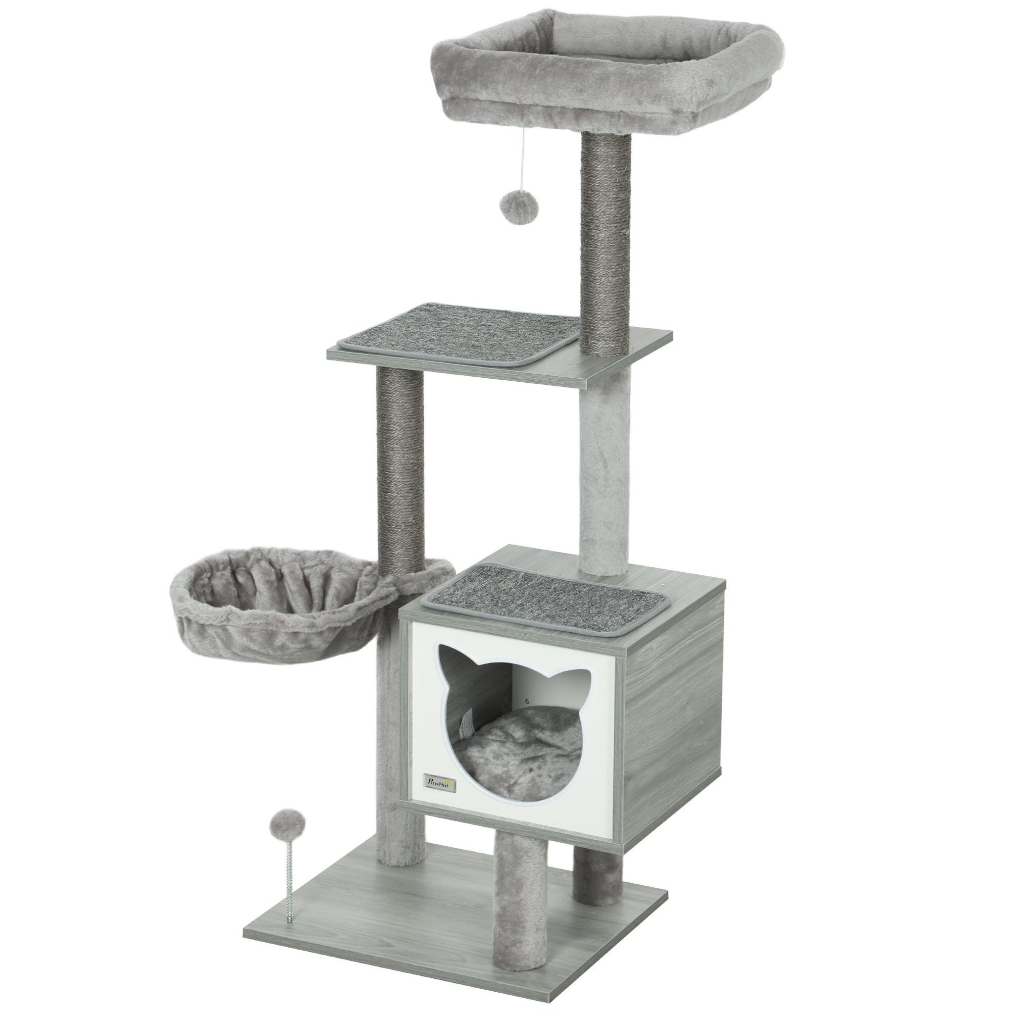 PAWHUT Arbre à chat multi-équipement griffoirs grattoirs niche hamac panier coussins amovibles h126 cm peluche courte sisal naturel gris