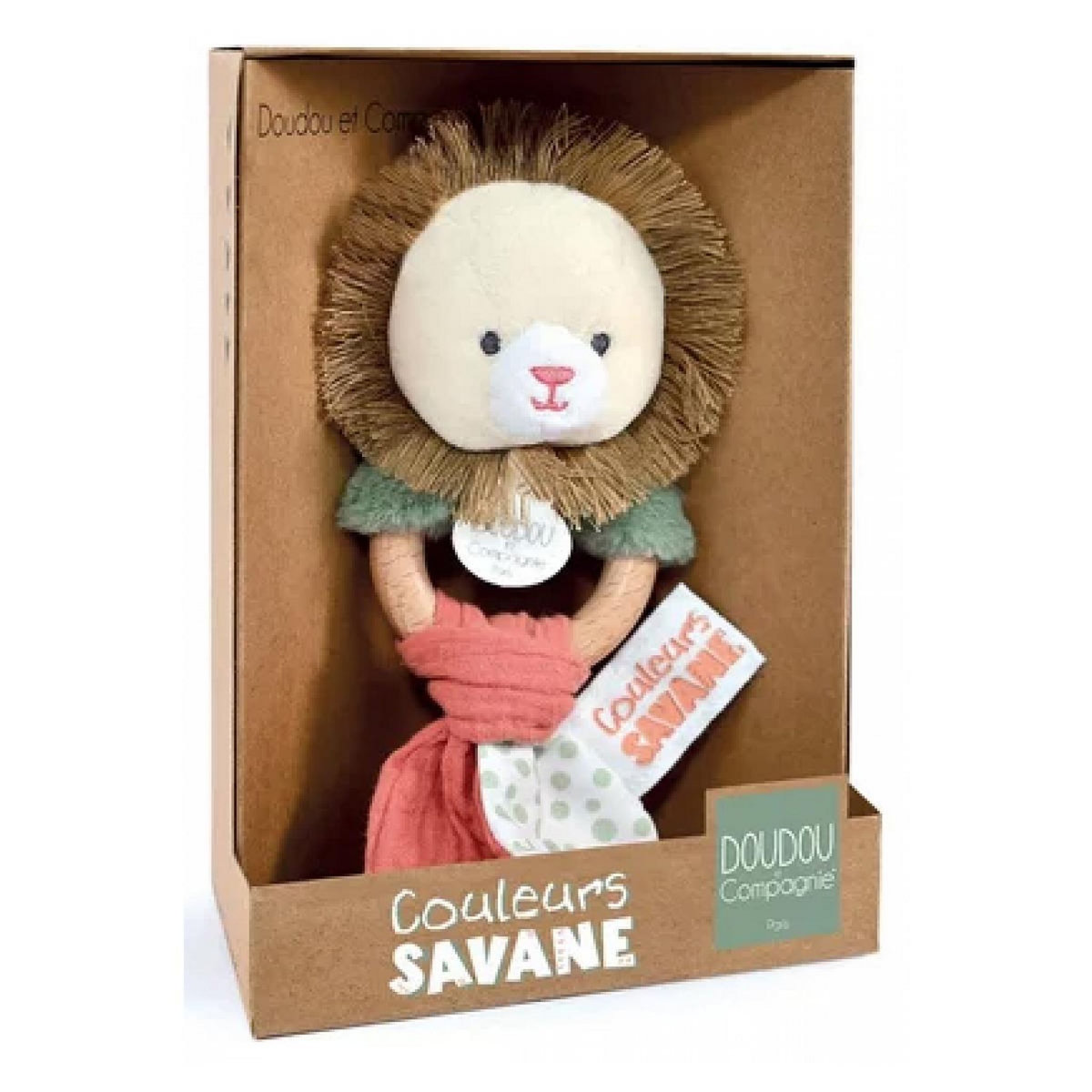 DOUDOU ET COMPAGNIE Hochet Lion avec anneau en bois
