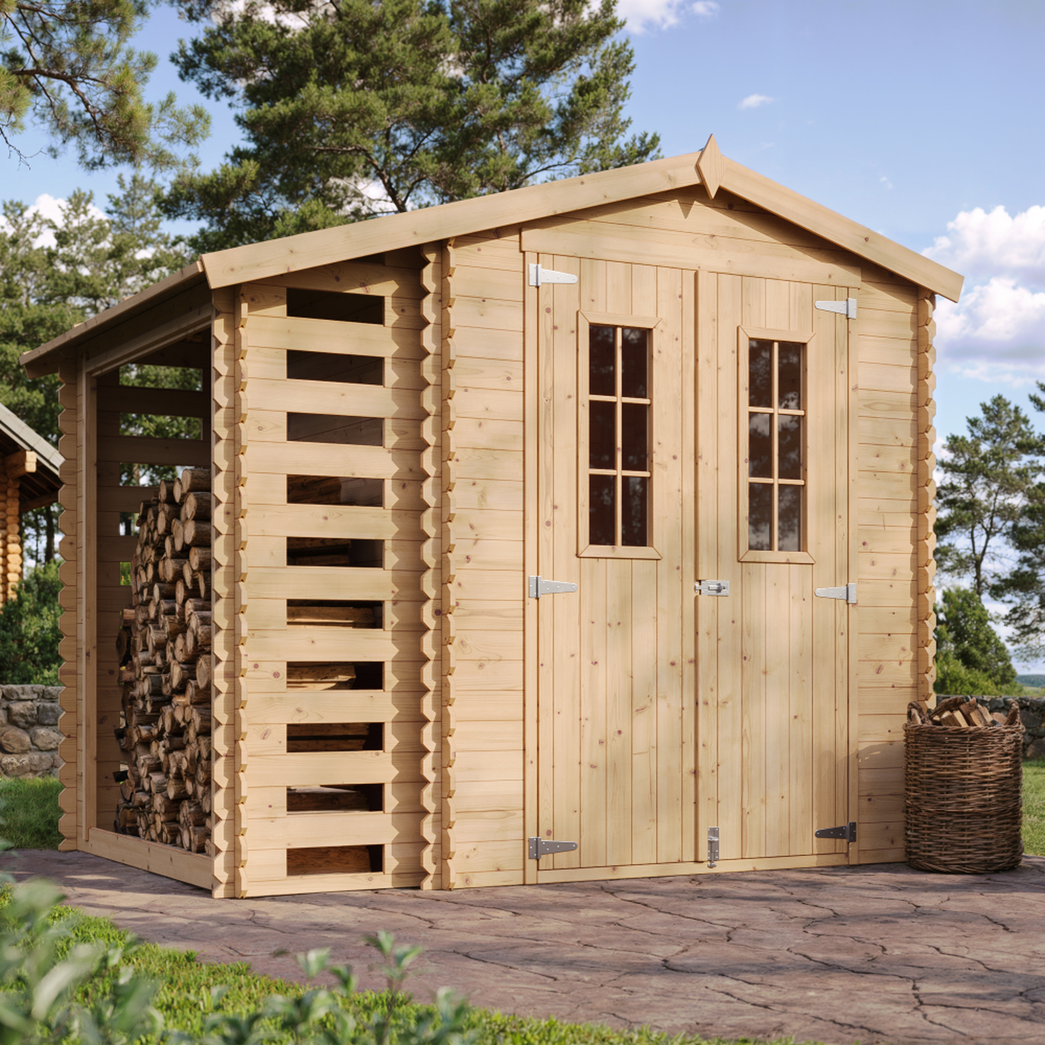 Voir la diapositive 3 : TIMBELA Abri de jardin en bois et range bûches extérieur avec sol traité - 3,53 + 0,97m2 m386c+m386g