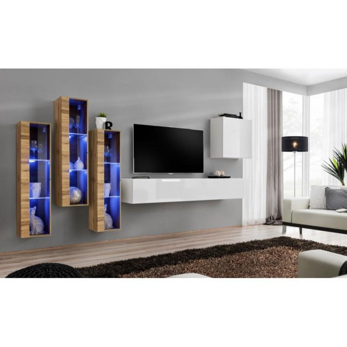Paris Prix Meuble TV Mural Design  Switch XIII  330cm Blanc & Naturel