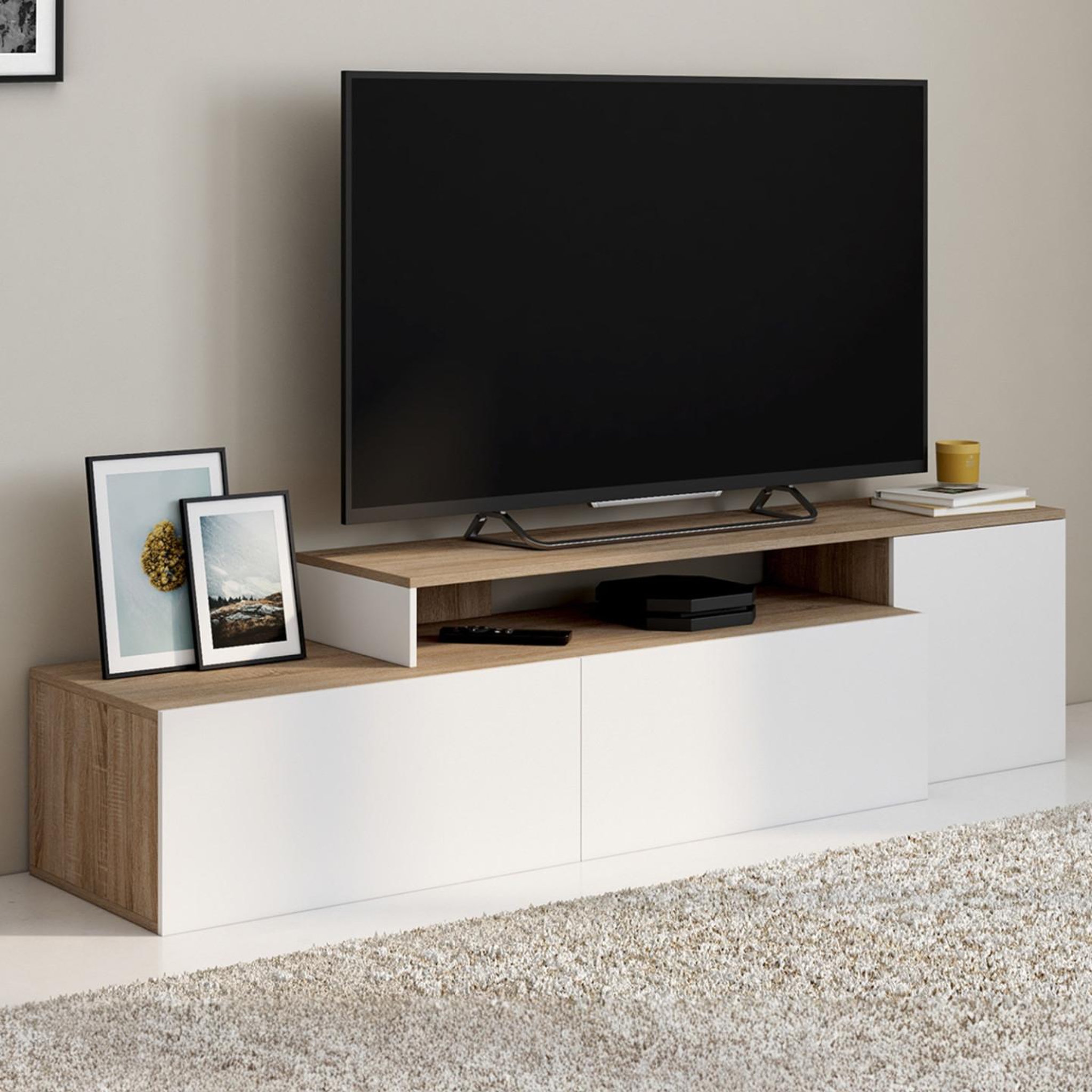 Voir la diapositive 2 : ID MARKET Meuble tv 140-180 cm modulable d'angle basile rotatif bois et blanc