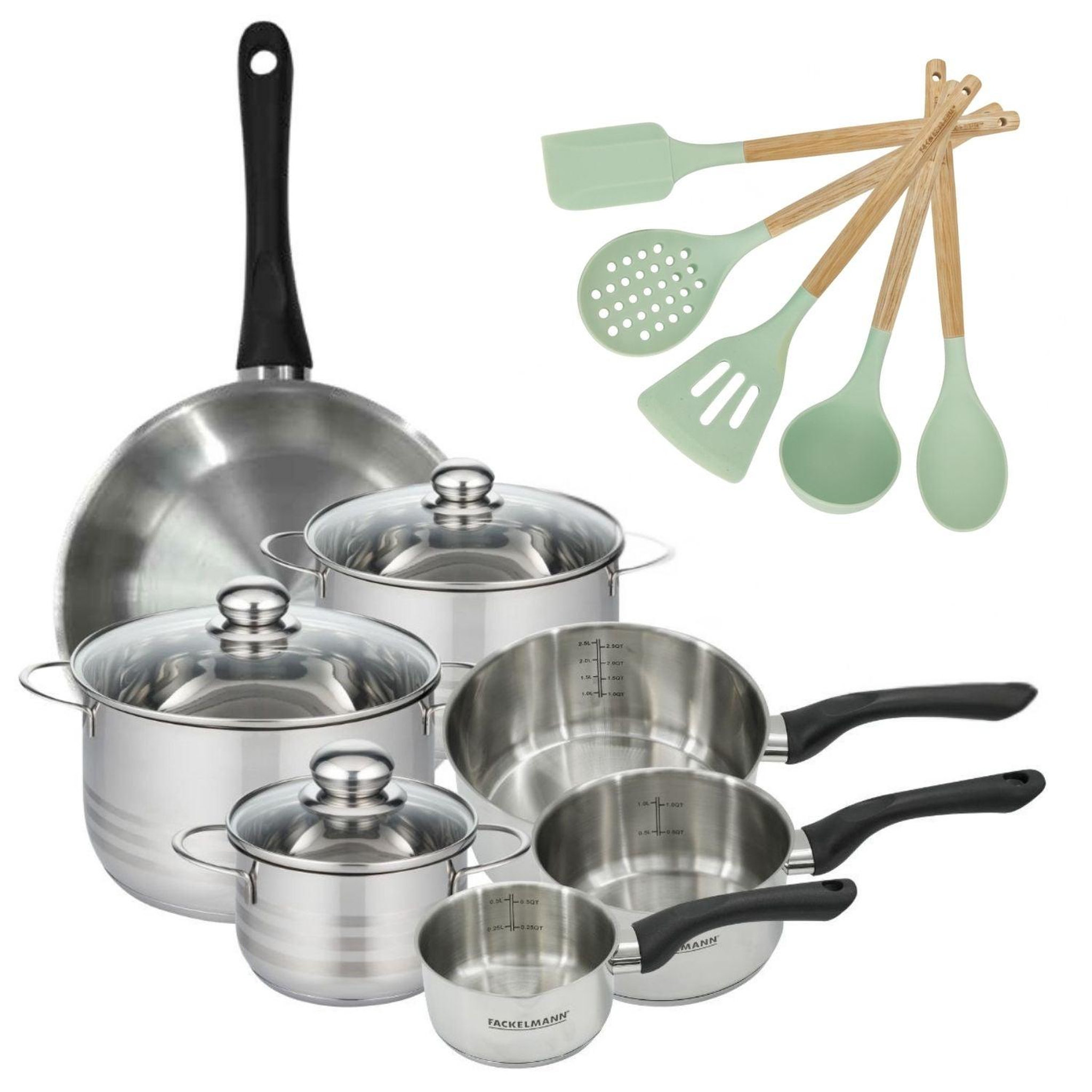 Fackelmann Batterie de cuisine avec 3 faitouts 16/20/24 cm et 3 casseroles 12/16/20 cm avec 5 ustensiles de cuisine fackelmann généva brillant ocean