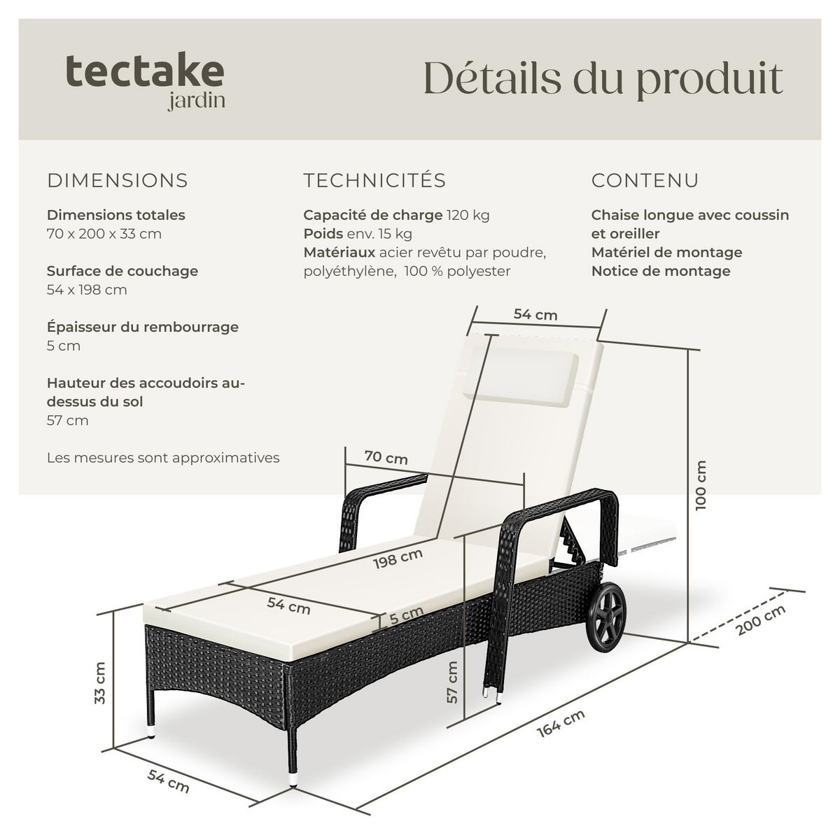 tectake Bain de soleil en rotin robuste et résistant aux UV noir/beige