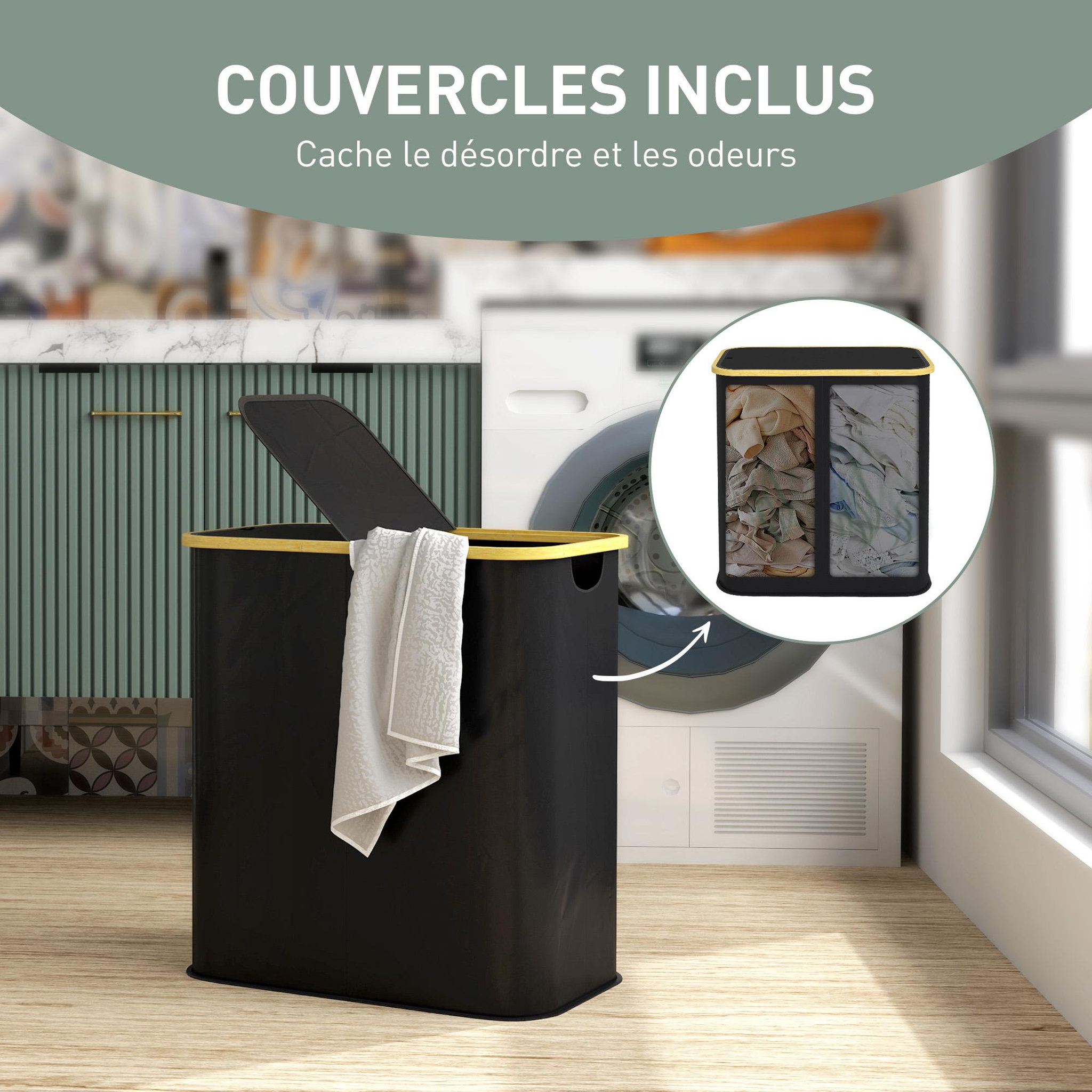 Voir la diapositive 5 : HOMCOM Panier à linge double pliable 80l - corbeille à linge sale avec couvercle et poignées - bambou non tissé noir