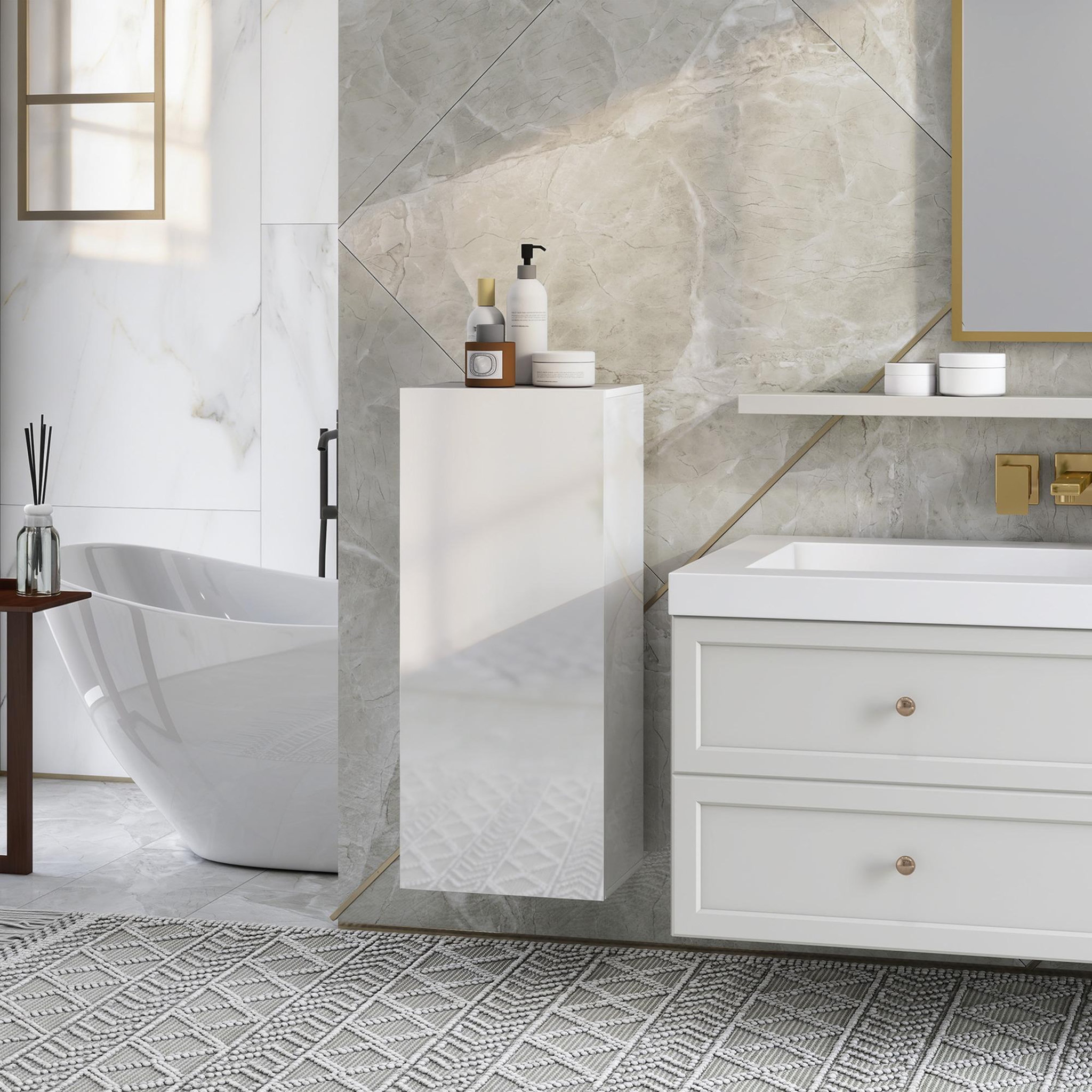 Voir la diapositive 5 : HOMCOM Meuble mural salle de bain blanc laqué porte 2 étagères