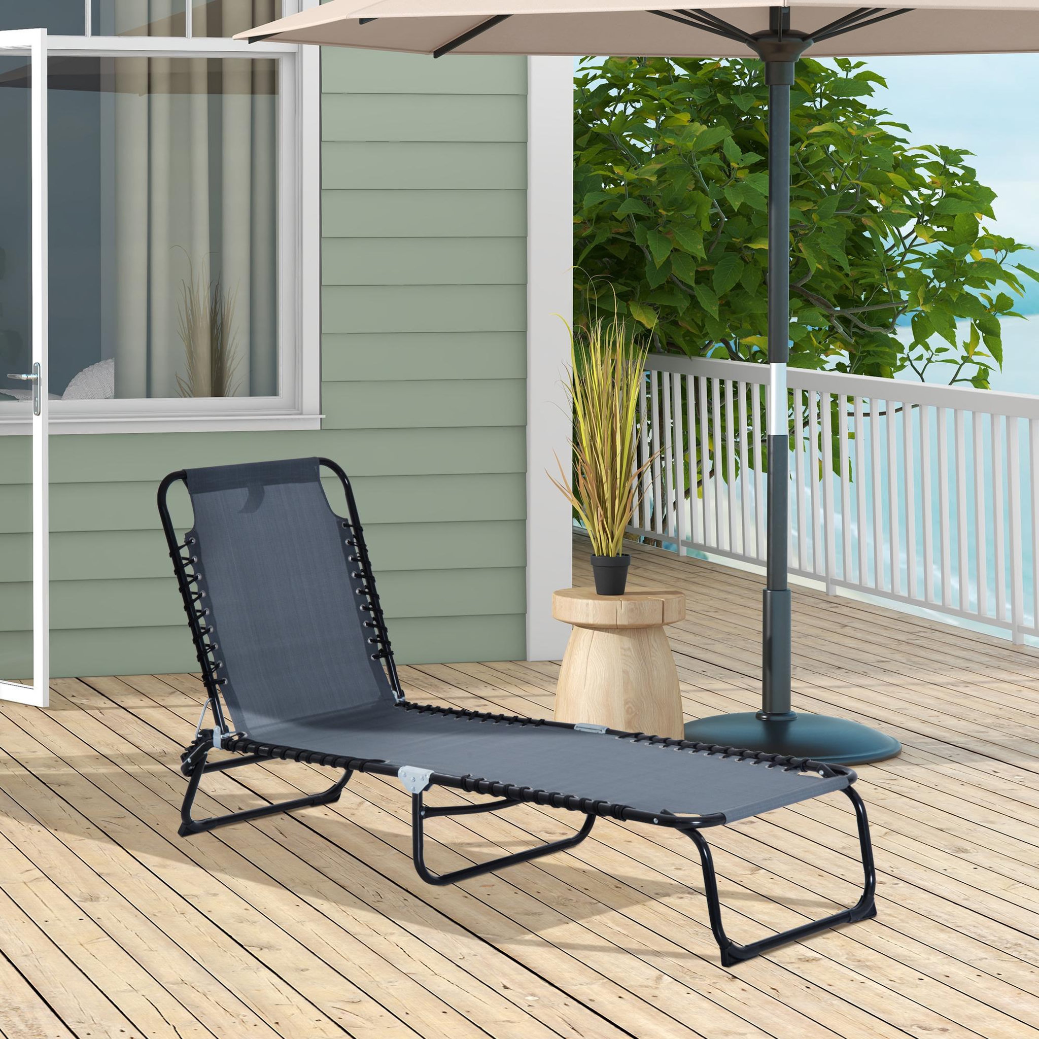 Voir la diapositive 2 : OUTSUNNY Bain de soleil transat pliable dossier inclinable multi-positions acier thermoplastique lacets élastiques noir textilène gris