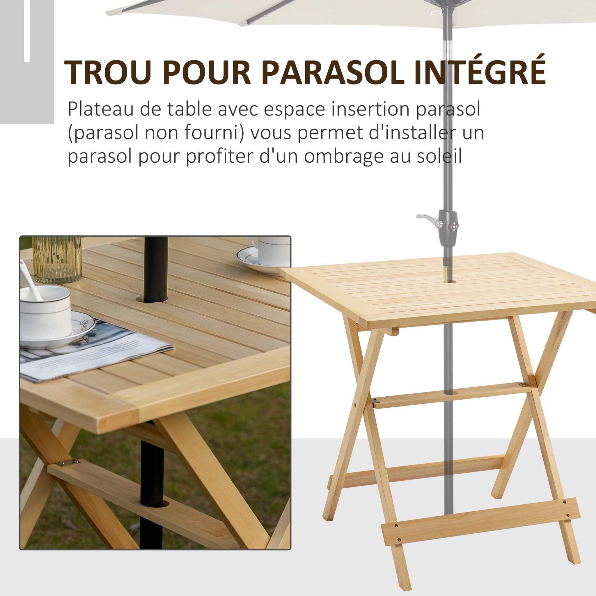Voir la diapositive 4 : OUTSUNNY Table de jardin camping pliable plateau à lattes dim. 70L x 70l x 70H cm espace parasol bois sapin pré-huilé