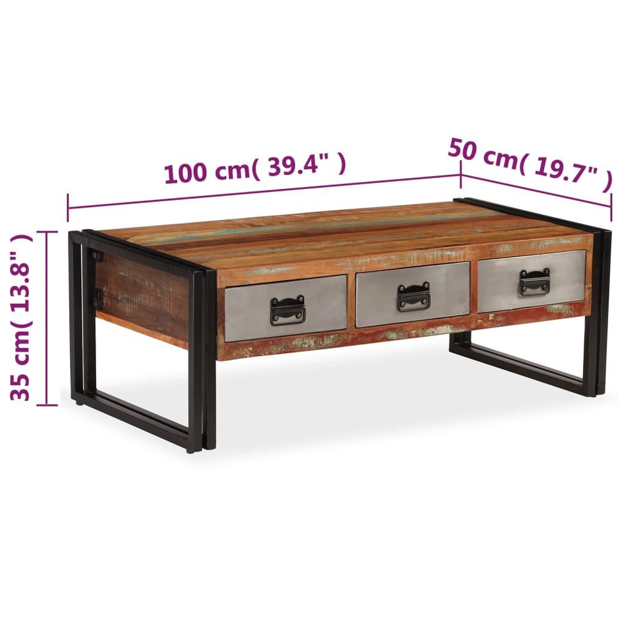 Voir la diapositive 6 : VIDAXL Table basse avec 3 tiroirs bois de recuperation 100x50x35 cm