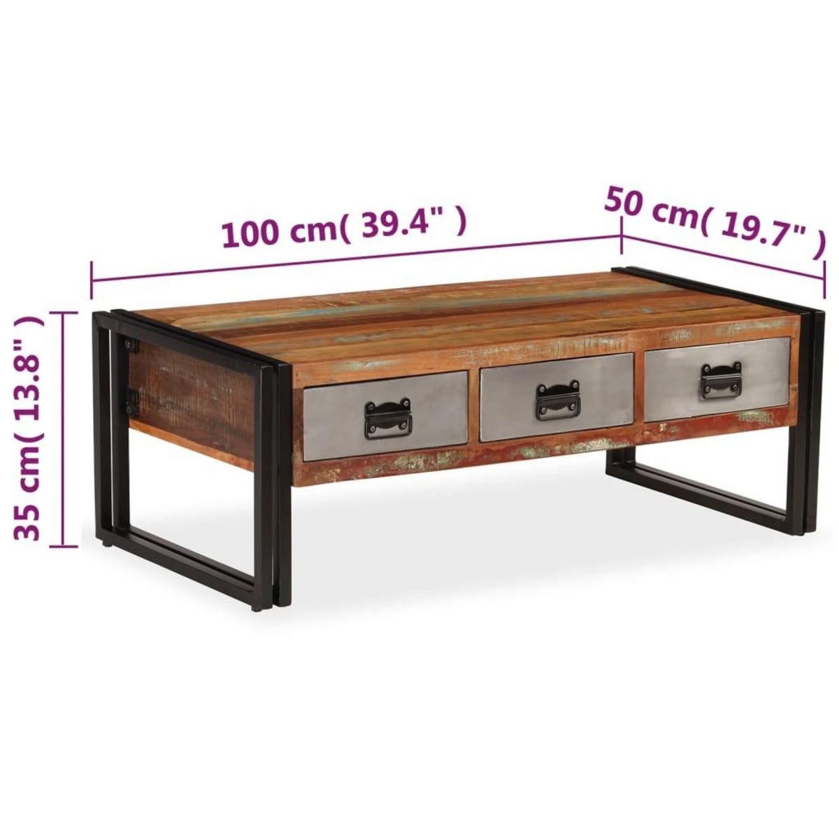 VIDAXL Table basse avec 3 tiroirs Bois de recuperation 100x50x35 cm