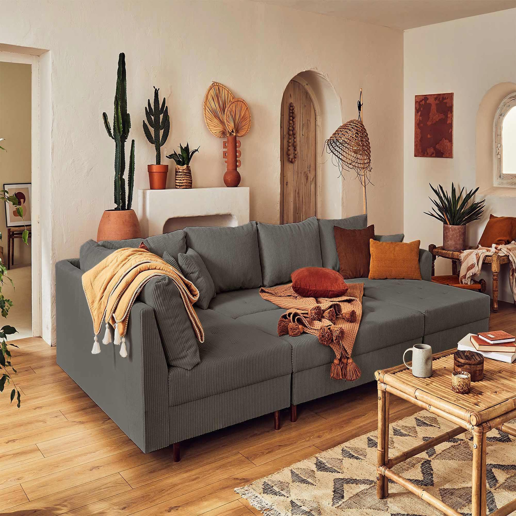 Voir la diapositive 3 : BEST MOBILIER Rune - canapé panoramique d'angle gauche - 7 places - avec pouf d'appoint - en velours côtelé