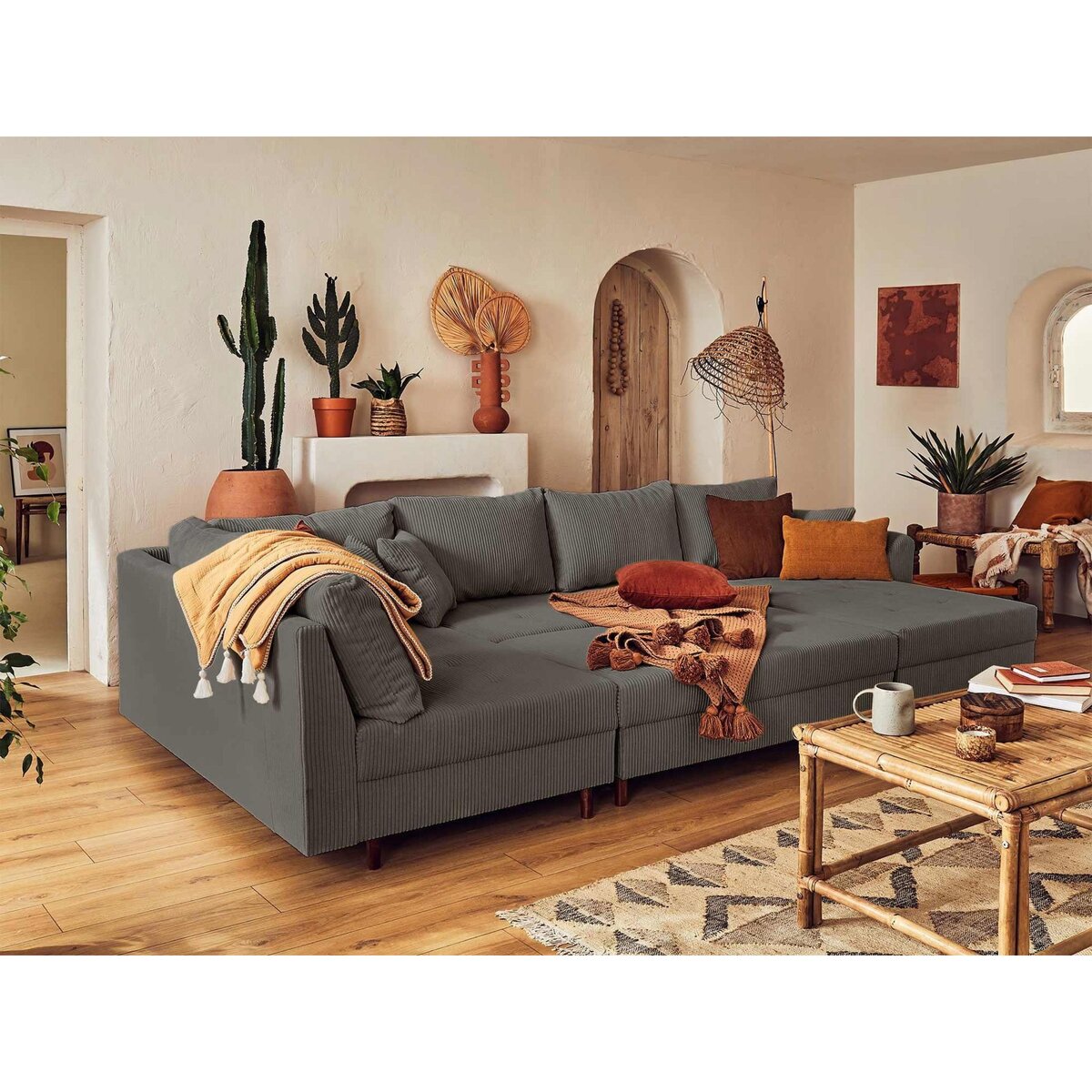 LISA DESIGN Rune - canapé panoramique d'angle gauche - 7 places - avec pouf d'appoint - en velours côtelé