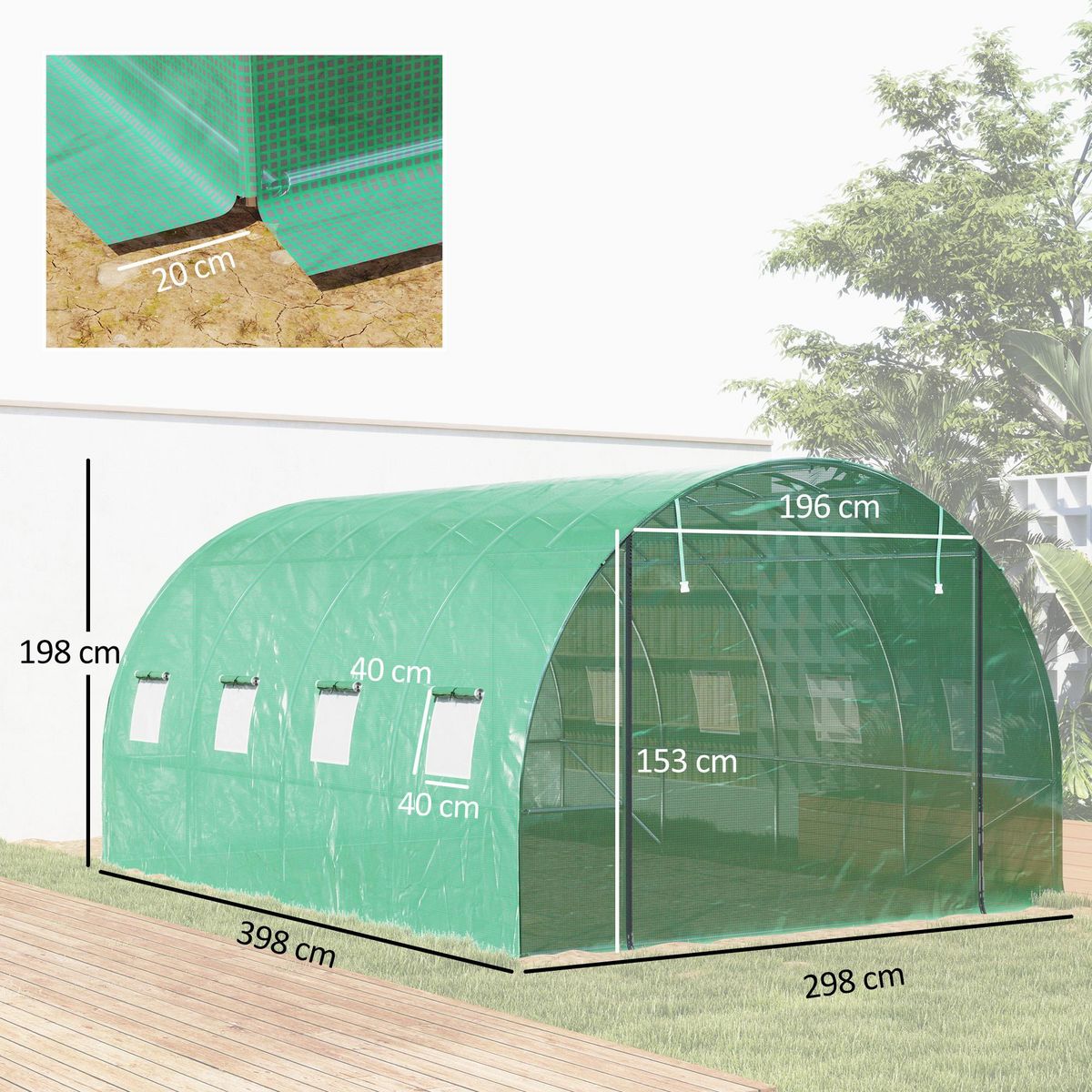 OUTSUNNY Serre de jardin 12 m² - porte zippée enroulable, 8 fenêtres - acier galvanisé PE haute densité 170 g/m² vert