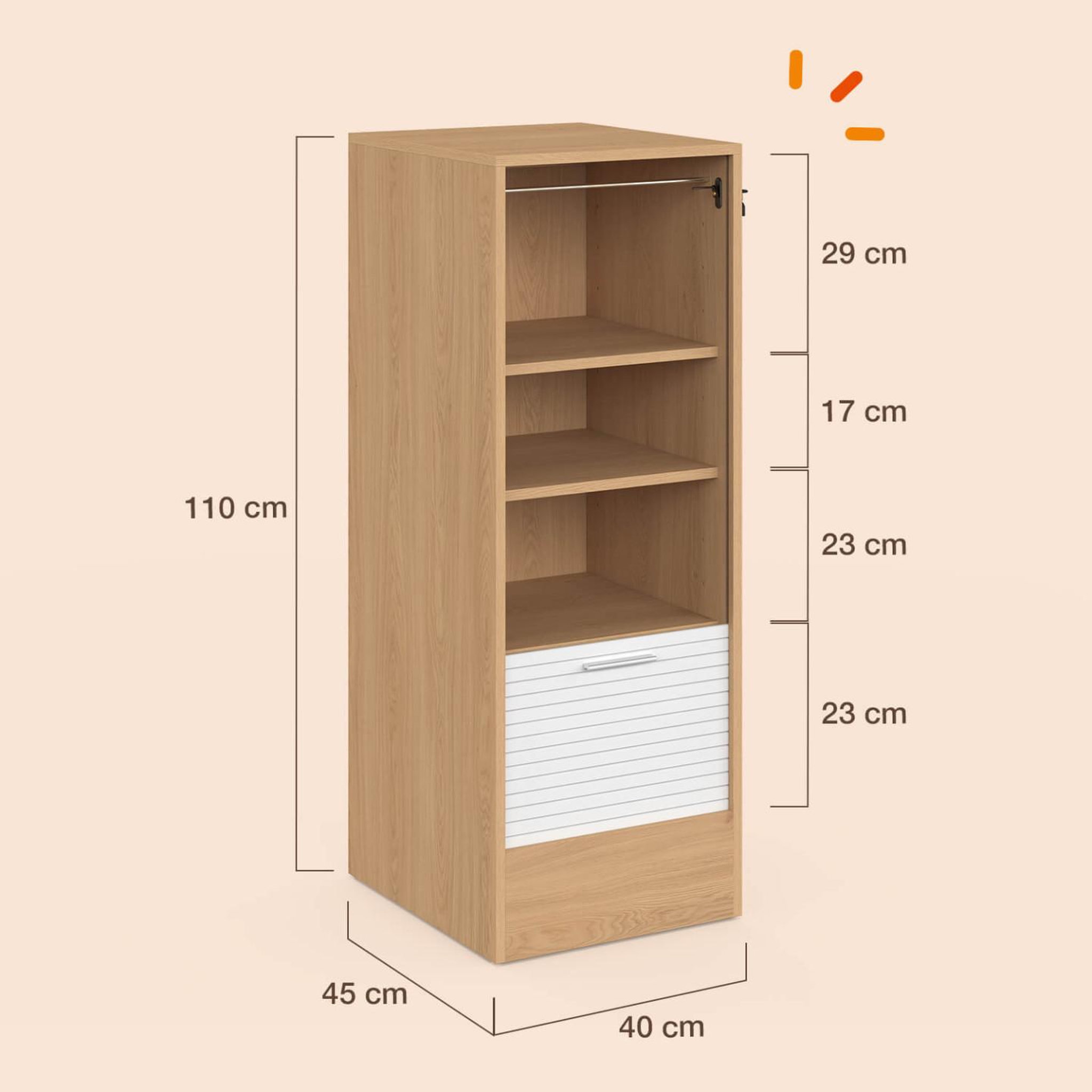 Voir la diapositive 4 : ID MARKET Meuble classeur à rideau verrouillable 4 tablettes H.110 cm blanc et bois