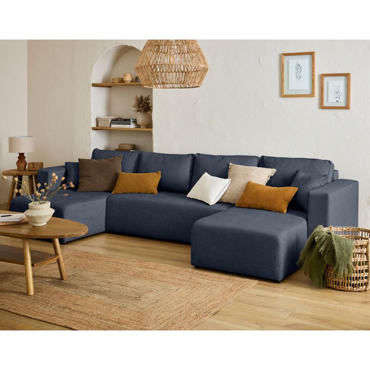 BEST MOBILIER Topaze - canapé panoramique - 7 places - convertible avec coffre - en tissu