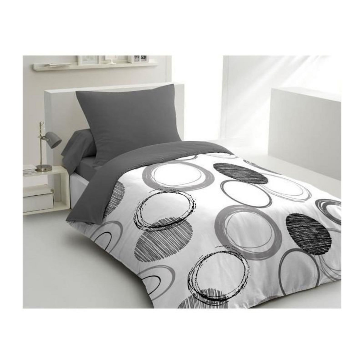 HOME LINGE PASSION Parure de couette microfibre Audace - 1 housse de couette 140x200 cm + 1 taie d'oreiller 63x63 cm - Gris clair - HOME LINGE PASS