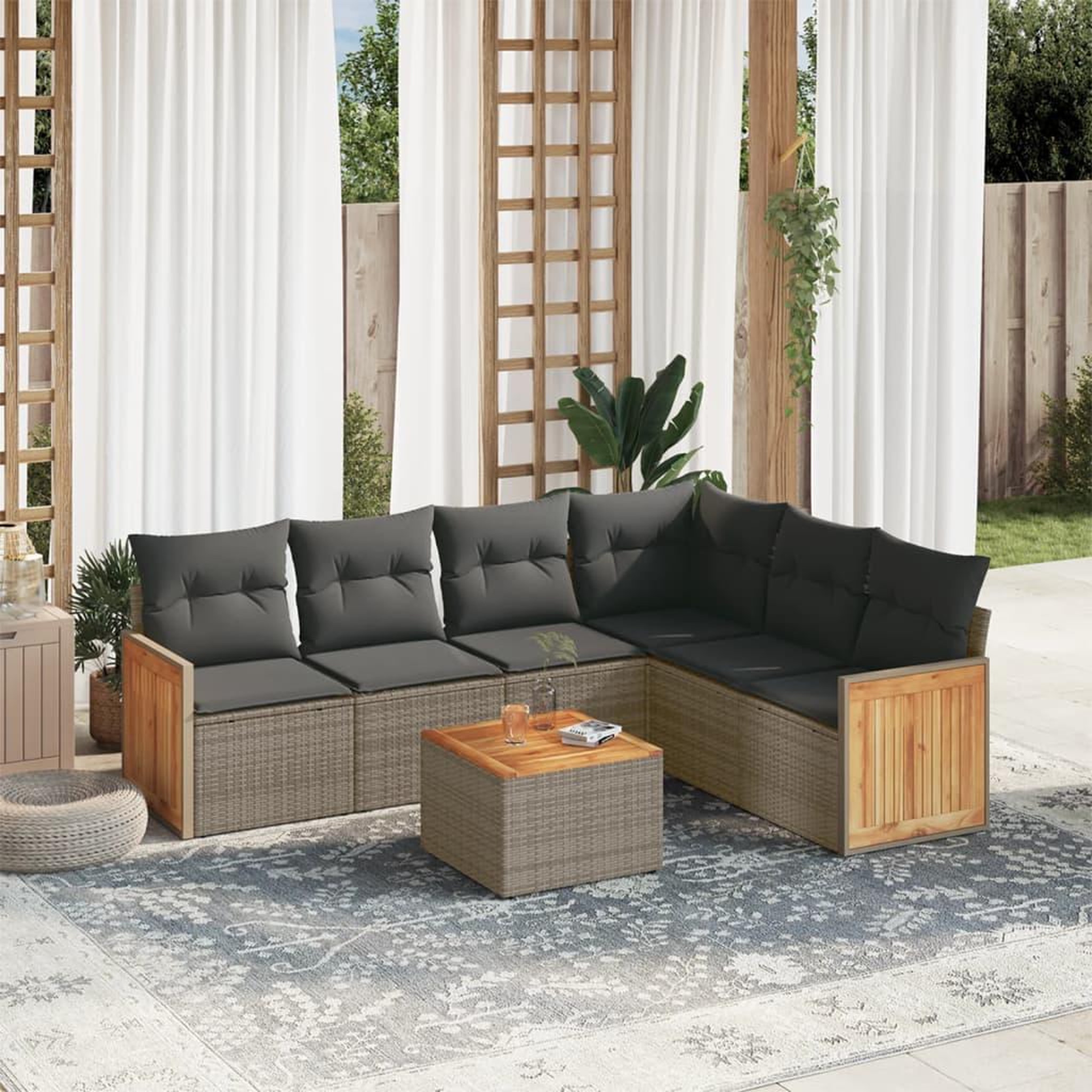 VIDAXL Salon de jardin avec coussins 7 pcs gris resine tressee