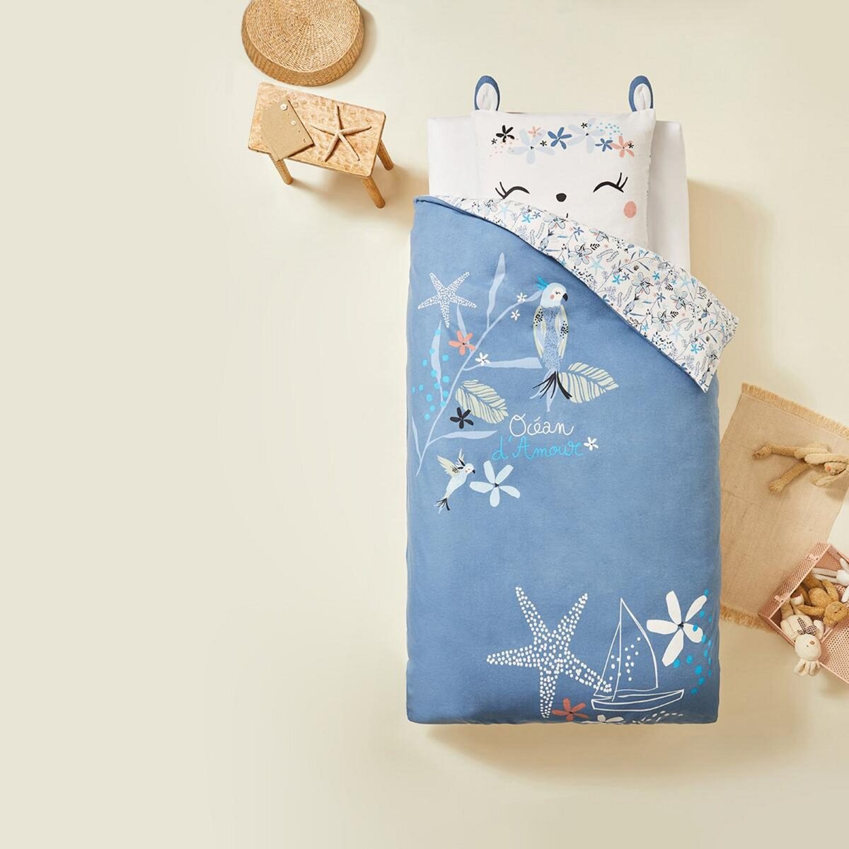 Petit Béguin Housse de couette enfant + taie d'oreiller en flanelle Océan d'amour