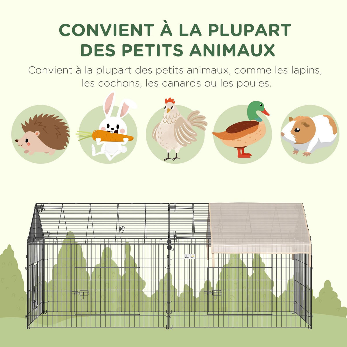 PAWHUT Parc enclos métal époxy cage extérieure dim. 2,20L x 1,03l x 1,03H m 3 portes et trappe surface abrité PE beige