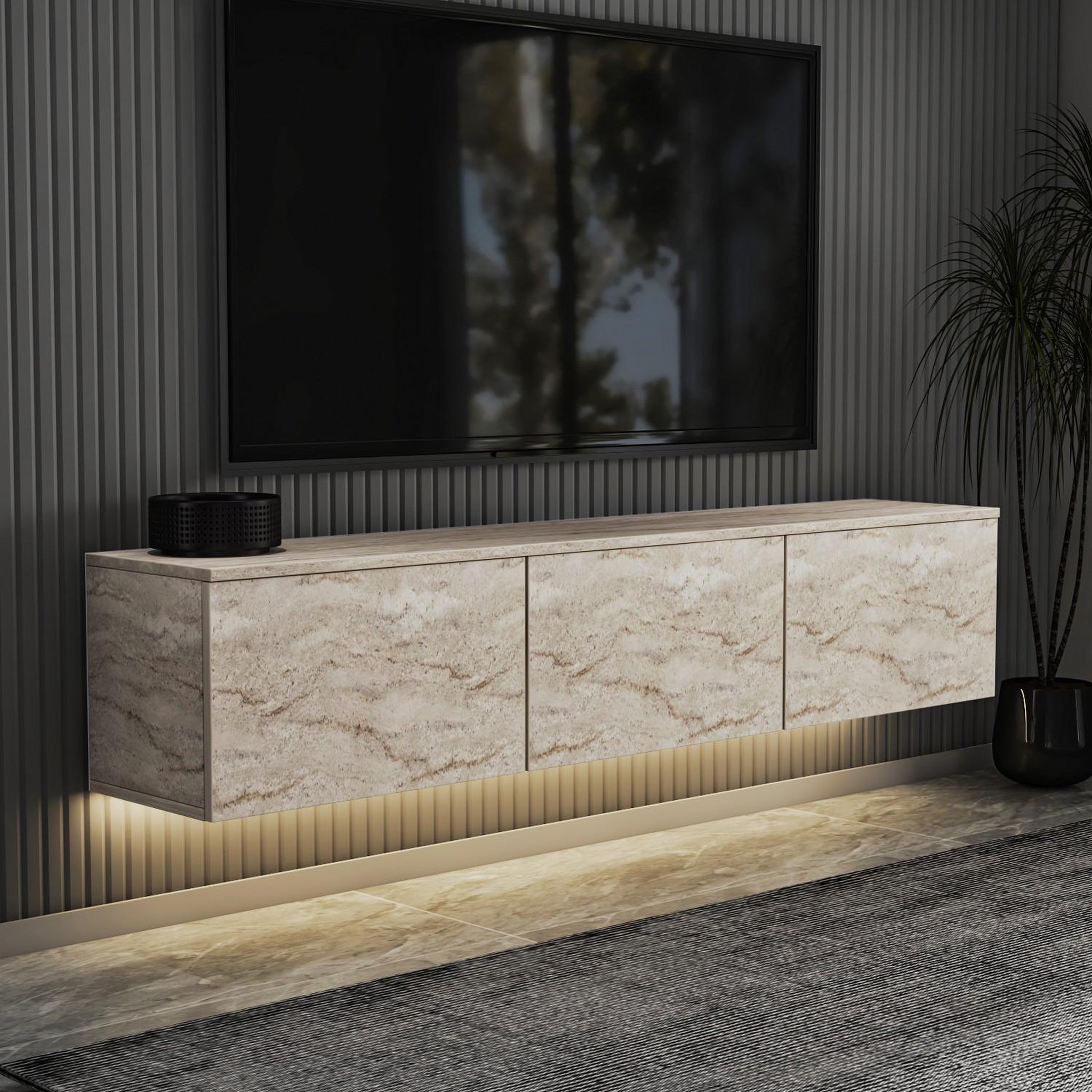 Voir la diapositive 4 : Habitat et Jardin Meuble tv suspendu en bois avec éclairage led  neon illuminated  - 160 x 32 x 35 cm - travertin