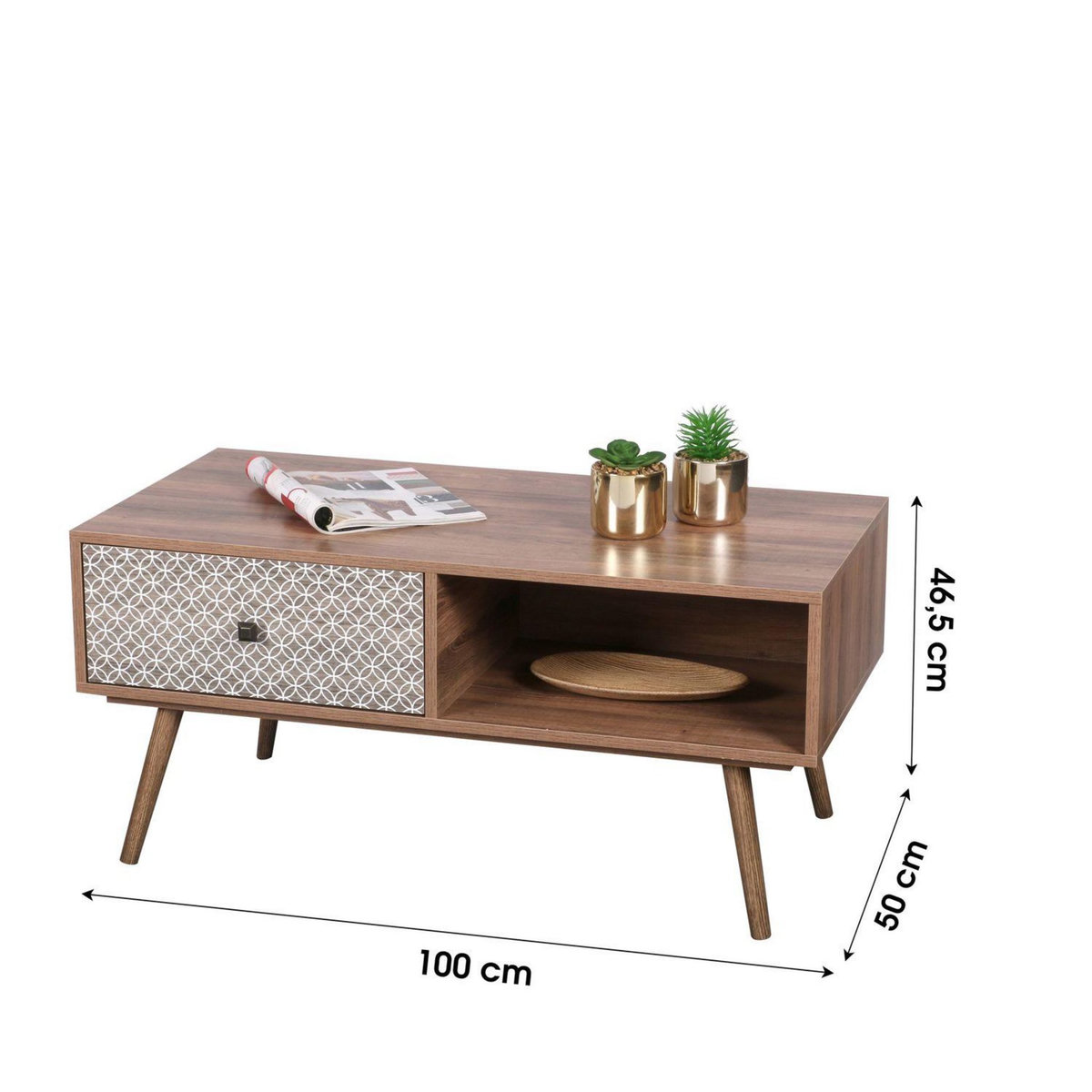 TOILINUX Table basse Baobab en MDF 1 tiroirs et 1 niche ouverte - L.100 cm x H.45,5 cm - Marron